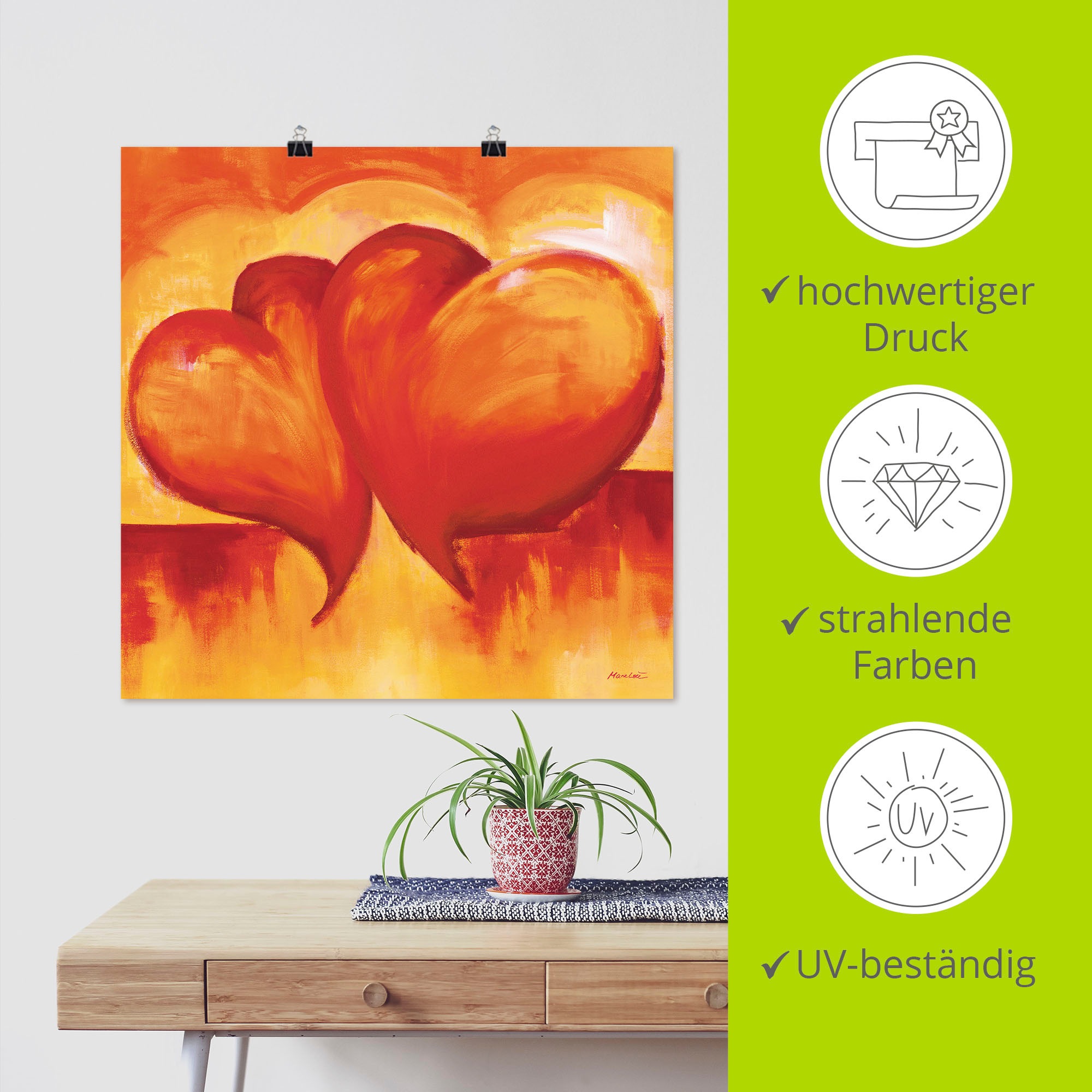 Artland Wandbild »Abstrakte Herzen - Orange«, Herzen, (1 St.), als Leinwandbild, Poster in verschied. Grössen