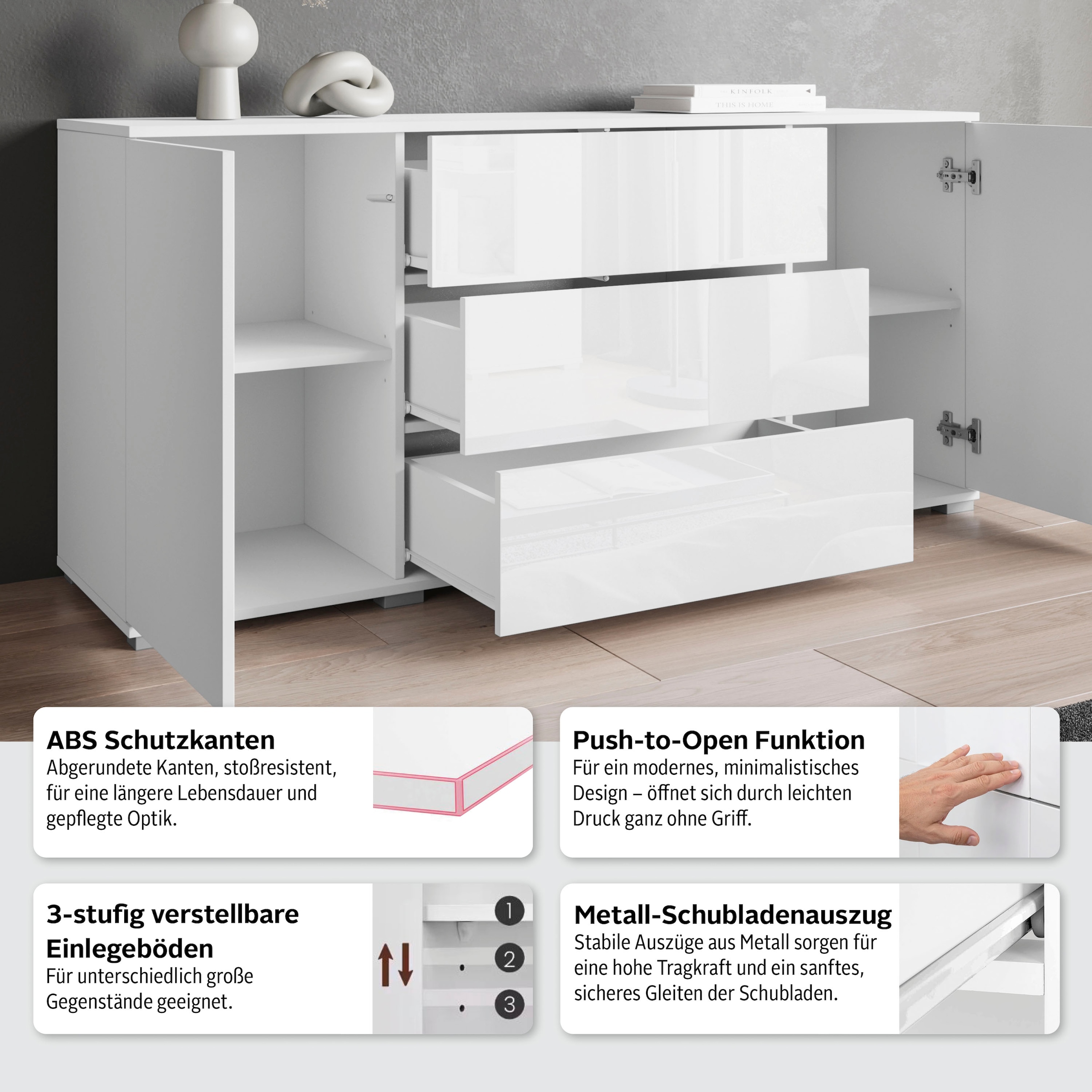 GOODproduct Sideboard »Kenia, Kommode für das Schlafzimmer/Wohnzimmer« 1 Stk. tlg. Modernes Sideboard mit 3 Schubladen und 4 Fächern,  Breite 150 cm