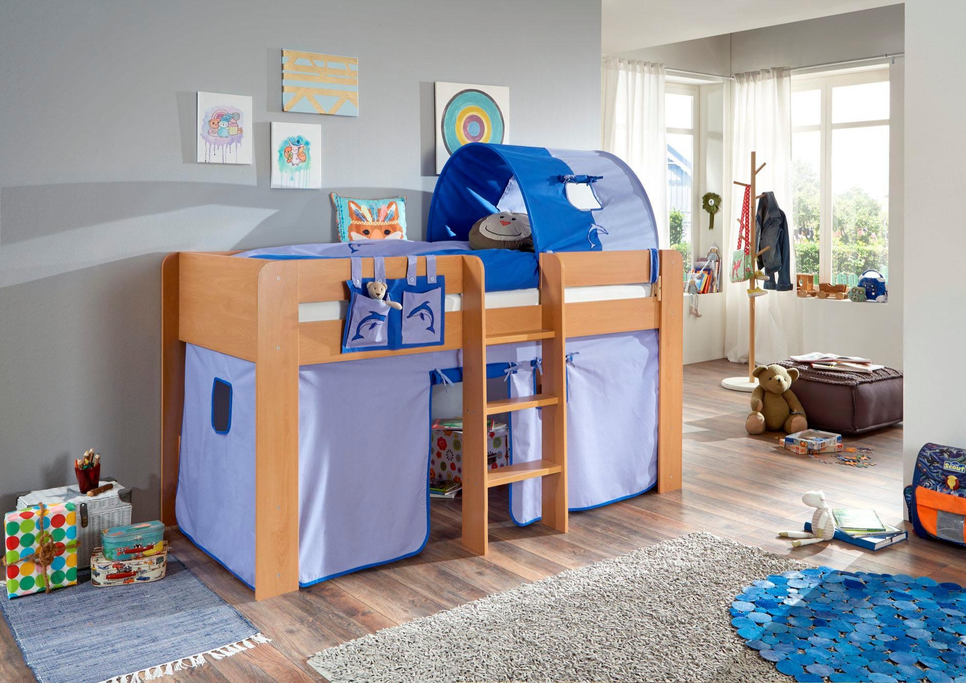Image of Relita Hochbett "Andi" mit Rolllattenrost, Textil-Set und Leiter, pflegel. Dekor Oberfläche
