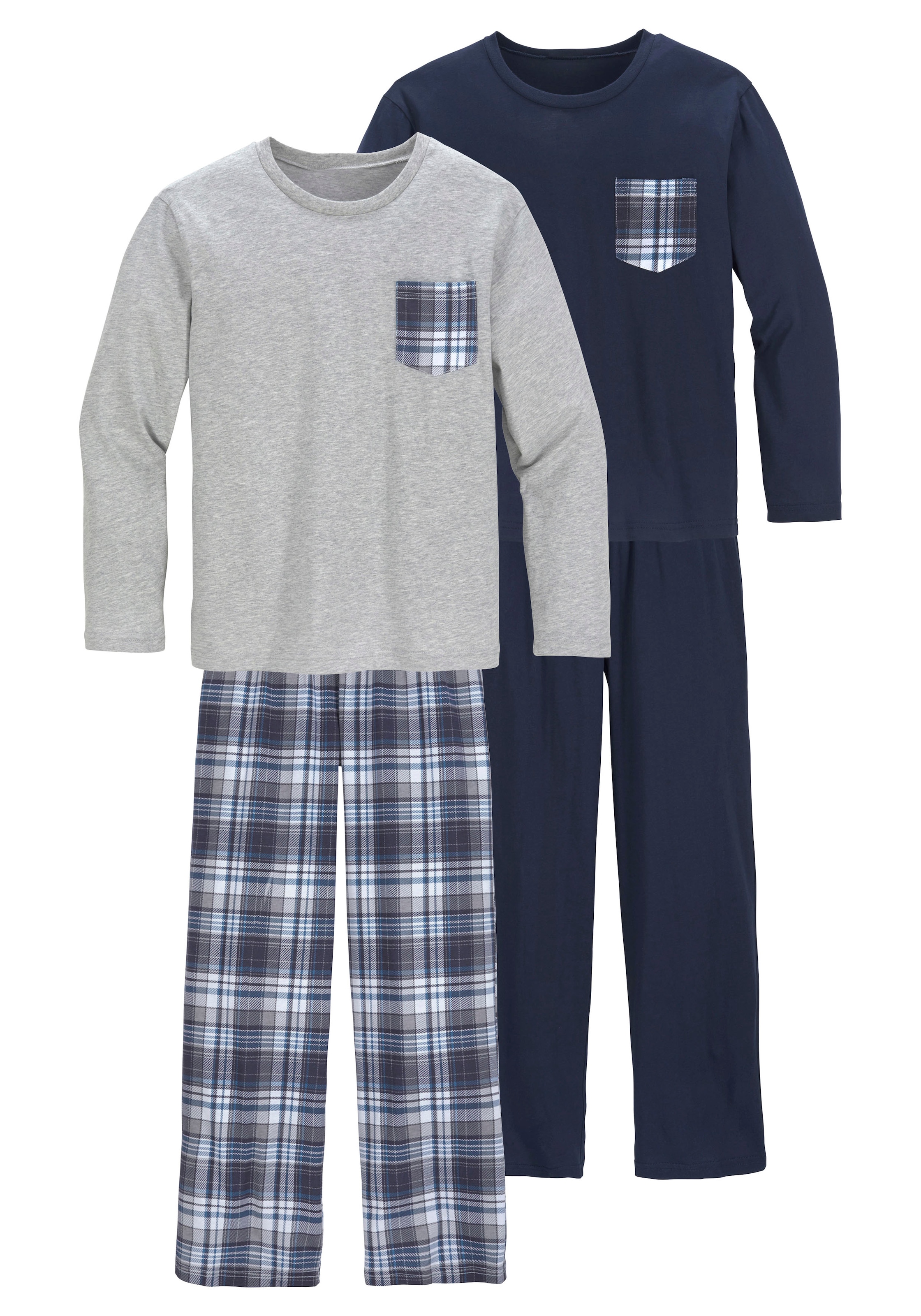 le jogger® Pyjama, (Packung, 4 tlg., 2 Stück), Schlafanzug in langer Form, Hose 1x uni und 1x kariert