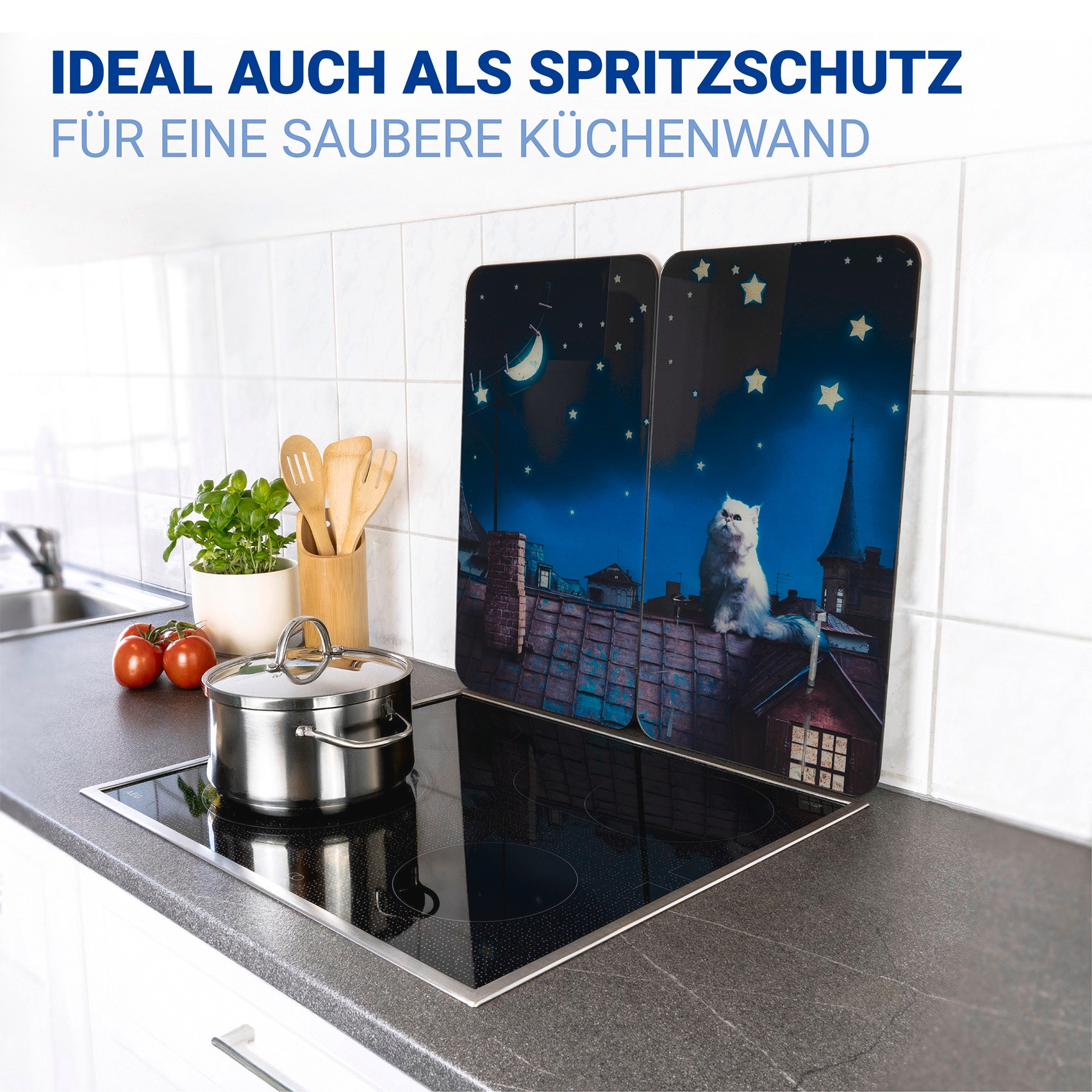 WENKO Herd-Abdeckplatte »Universal Modell Moon Cat«, (Set, 2 tlg.), Herdabdeckung für alle Herdarten, kratzfest, mit rutschfesten Füssen