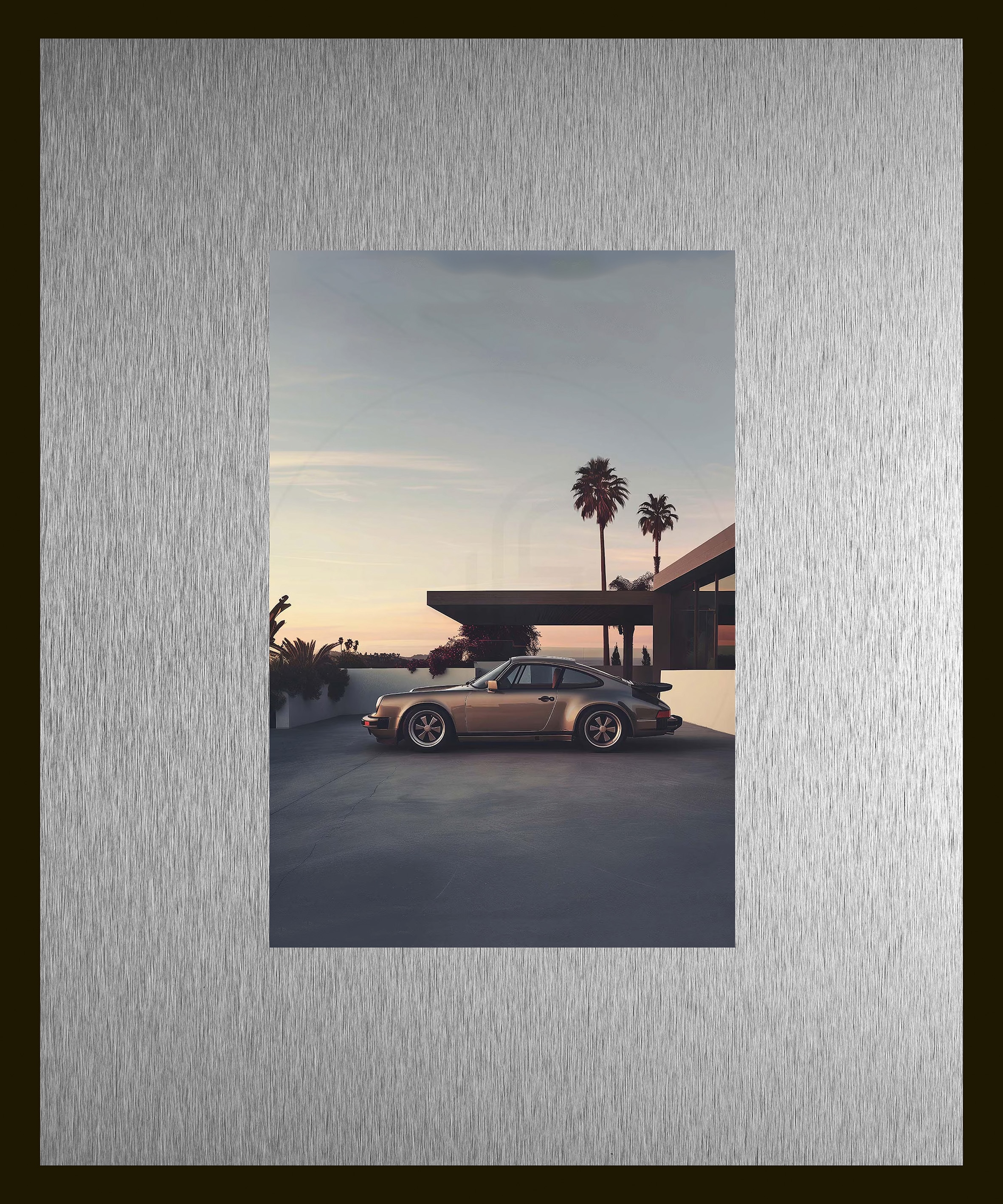 Image of queence Bild "Trend Wandbild, Wandkunst, Kunstdruck "Rennwagen in Palm Springs"" Amerika Auto Fashion 1 Stk. tlg. inkl. Passepartout aus hochwertigem Aluminium und schwarzem Rahmen
