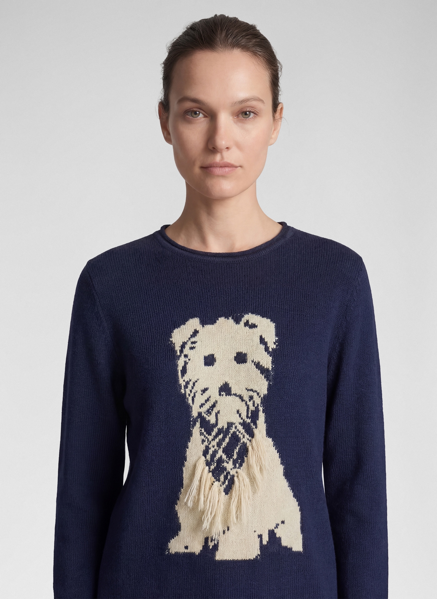 Rabe Pull en tricot avec motif chien et franges
