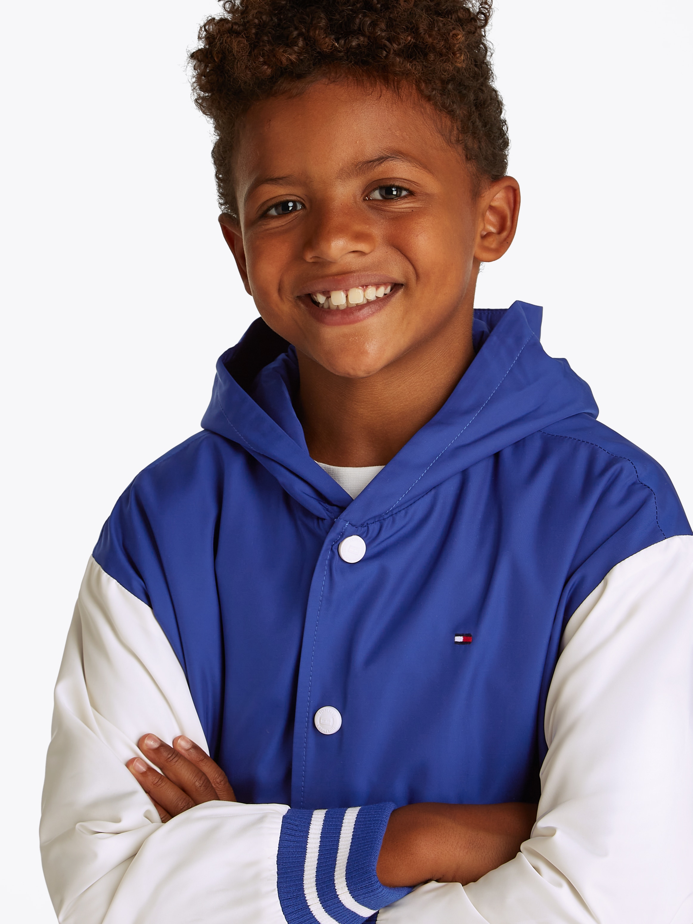 Tommy Hilfiger Bomberjacke »HOODED GRAPHIC BOMBER«, mit Kapuze, mit grossem Logo, Kontrast-Streifen