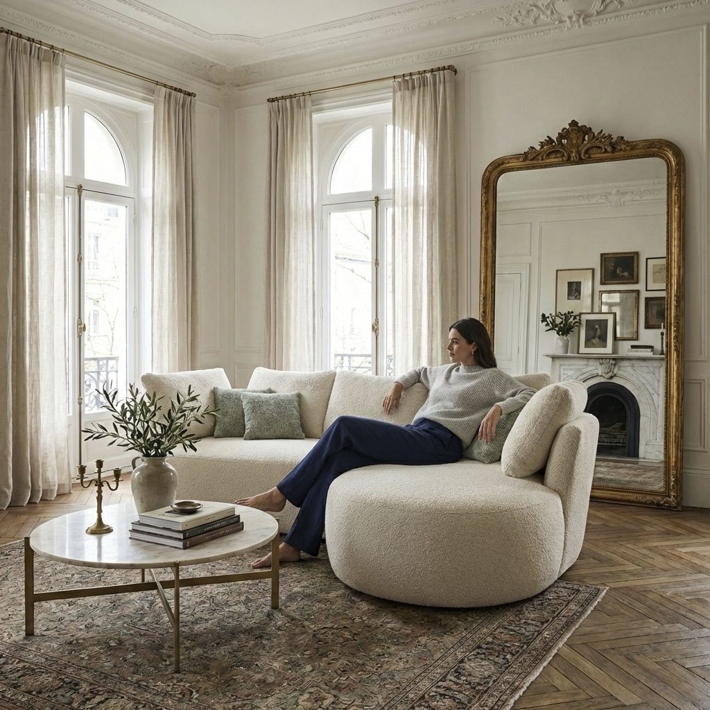 DOMO collection Canapé d'angle »Lumin, B/T: 267/170 cm, abgerunde Form, charmantes Design, cozy chic« Équipé de ressorts ensachés et de 5 coussins dorsaux
