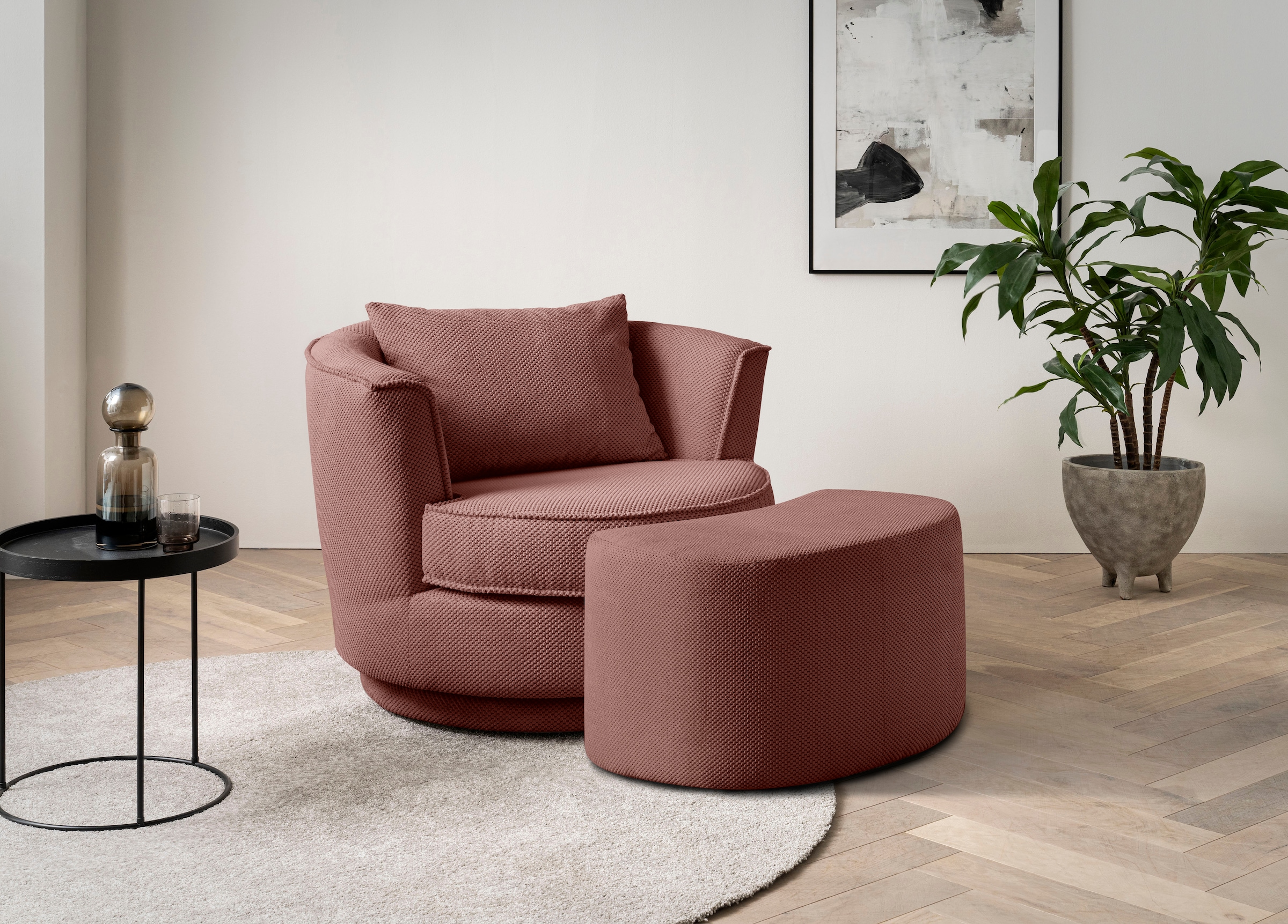 Leonique Drehsessel »MAISIE, Love Seat,Lese-Sessel,Sessel-Set, mit Hocker«, (2 St.), in MEGA CORD und Web-Velours, drehbar 360 Grad mit Hocker