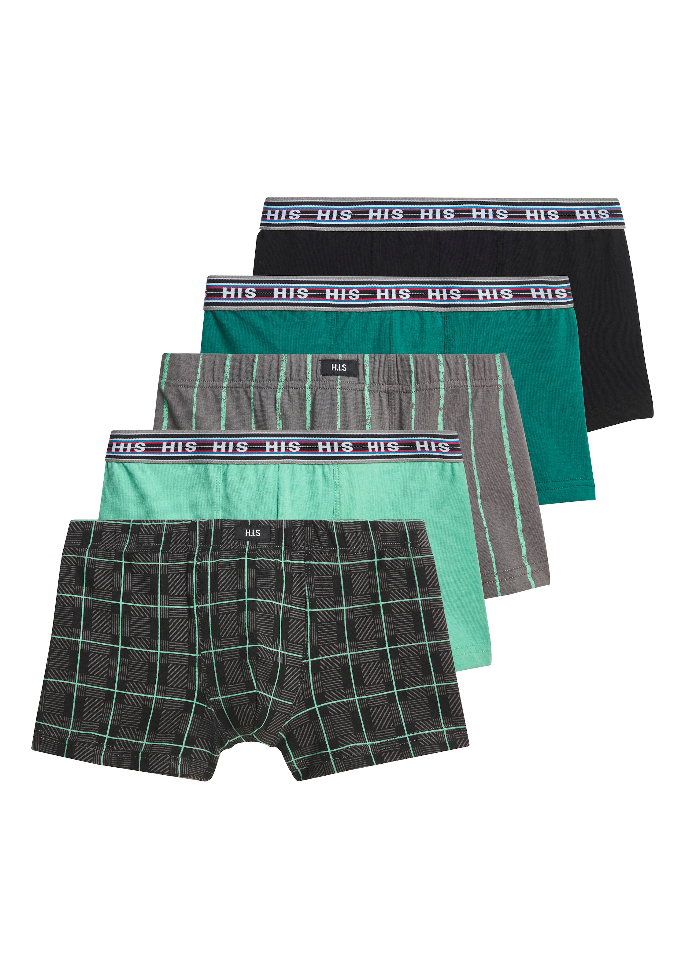 Image of H.I.S Boxer "Boxershorts für Jungen" Packung, 5 Stk. unifarben, gestreift, kariert, mit Logobund, Baumwollmischung