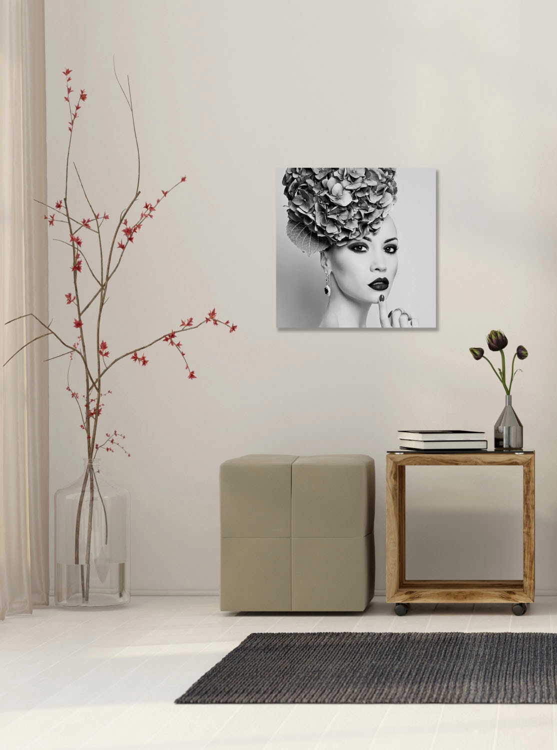 queence Tableau en verre acrylique »Frau mit Blumenhut« Art | Femme | Images de femmes | Noir et blanc impression Fine Art de qualité galerie