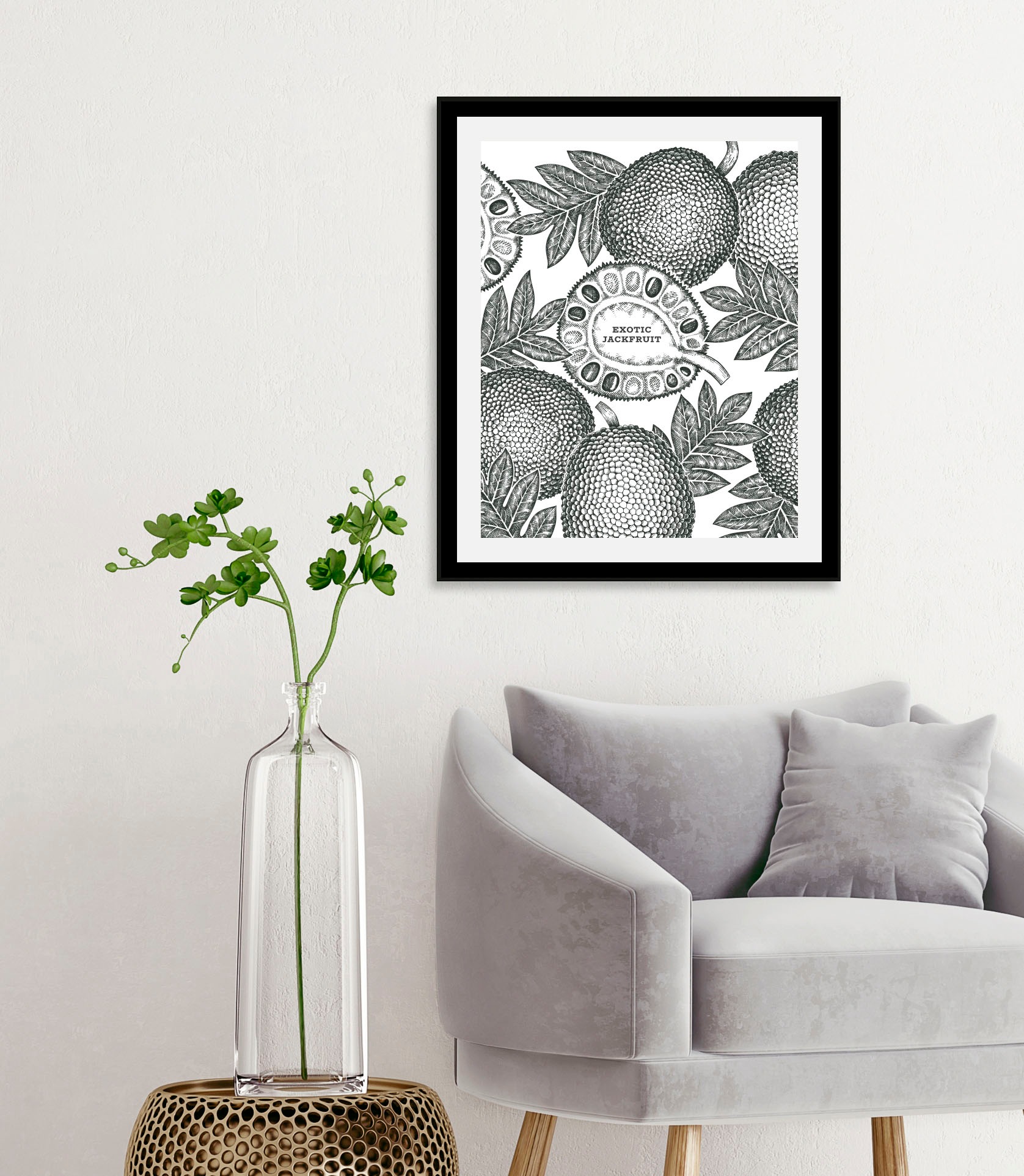 Image of queence Bild "Exotic Jackfruit" Essen Kunst Lebensmittel Obst Obst Bilder Schriftzug Schwarz-Weiss 1 Stk. tlg. gerahmt