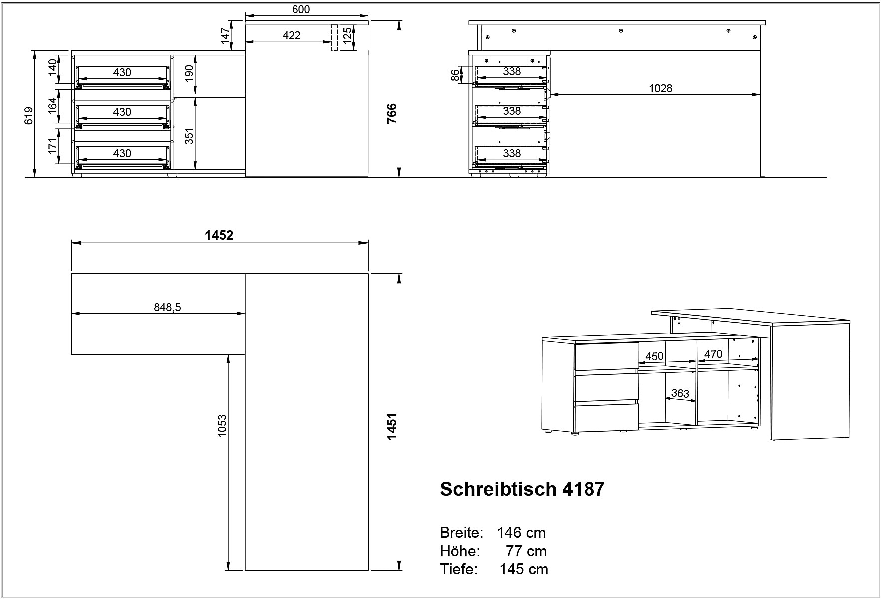 GERMANIA Eckschreibtisch »Lissabon« 146 x 76 x 145 cm, Soft Close, gespiegelt montierbar, Made in Germany
