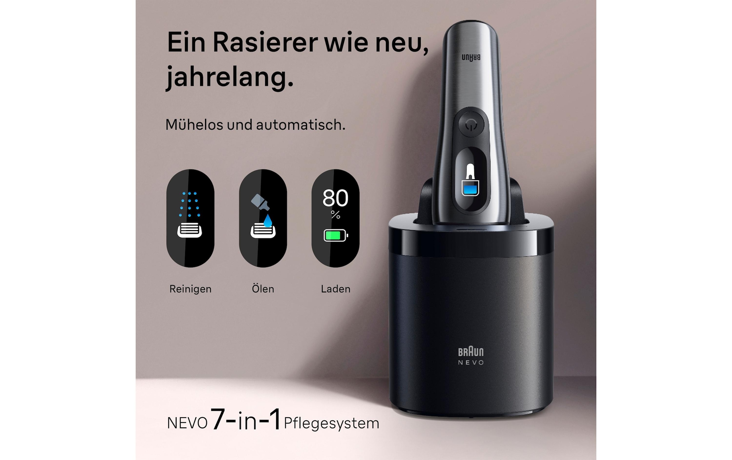 Image of Braun Elektrorasierer "NEVO 15000cc" SmartClean-Plus-Reinigungsstation integrierter Präzisionstrimmer AeroTouch, Smart Display, 7-in-1 Care System, Reiseetui, Silber