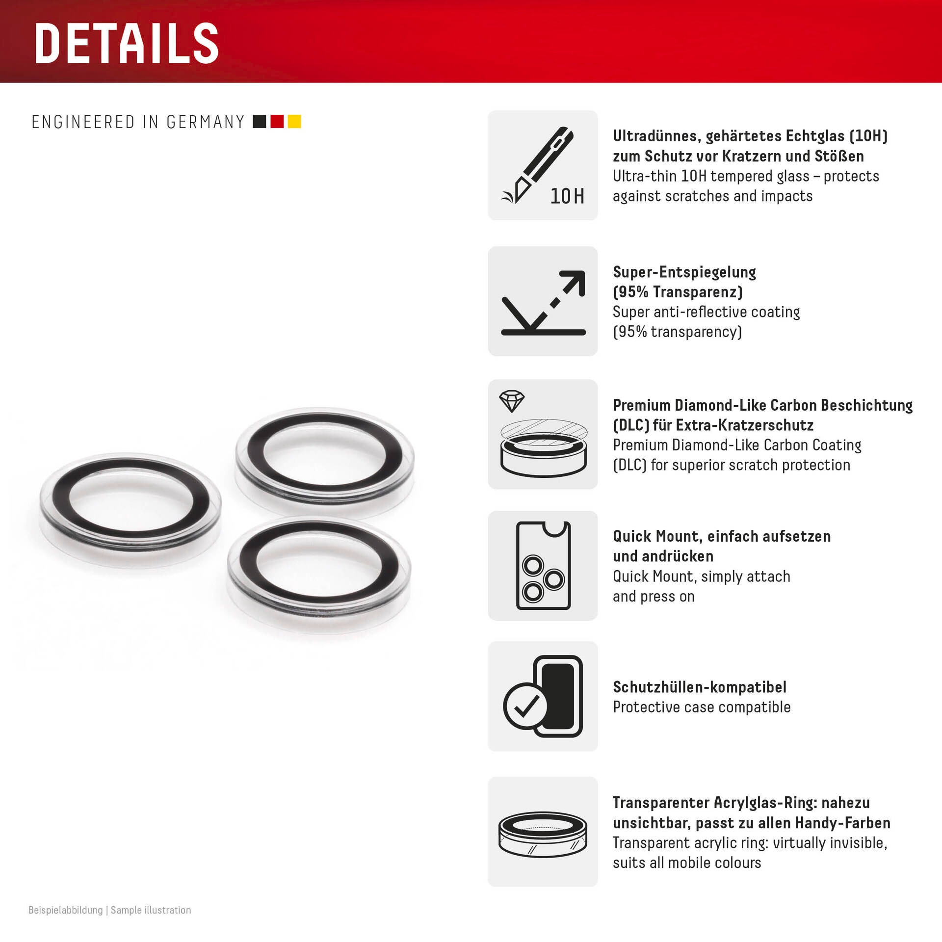 Displex Kameraschutzglas »Camera Lens Glass Single Glass Ring Protector« für Apple iPhone 15 Pro;Apple iPhone 15 Pro Max Packung, 2x Einzellinsen-Schutzringe,  Objektivschutz, Kameraschutz, kratz- & stossfest
