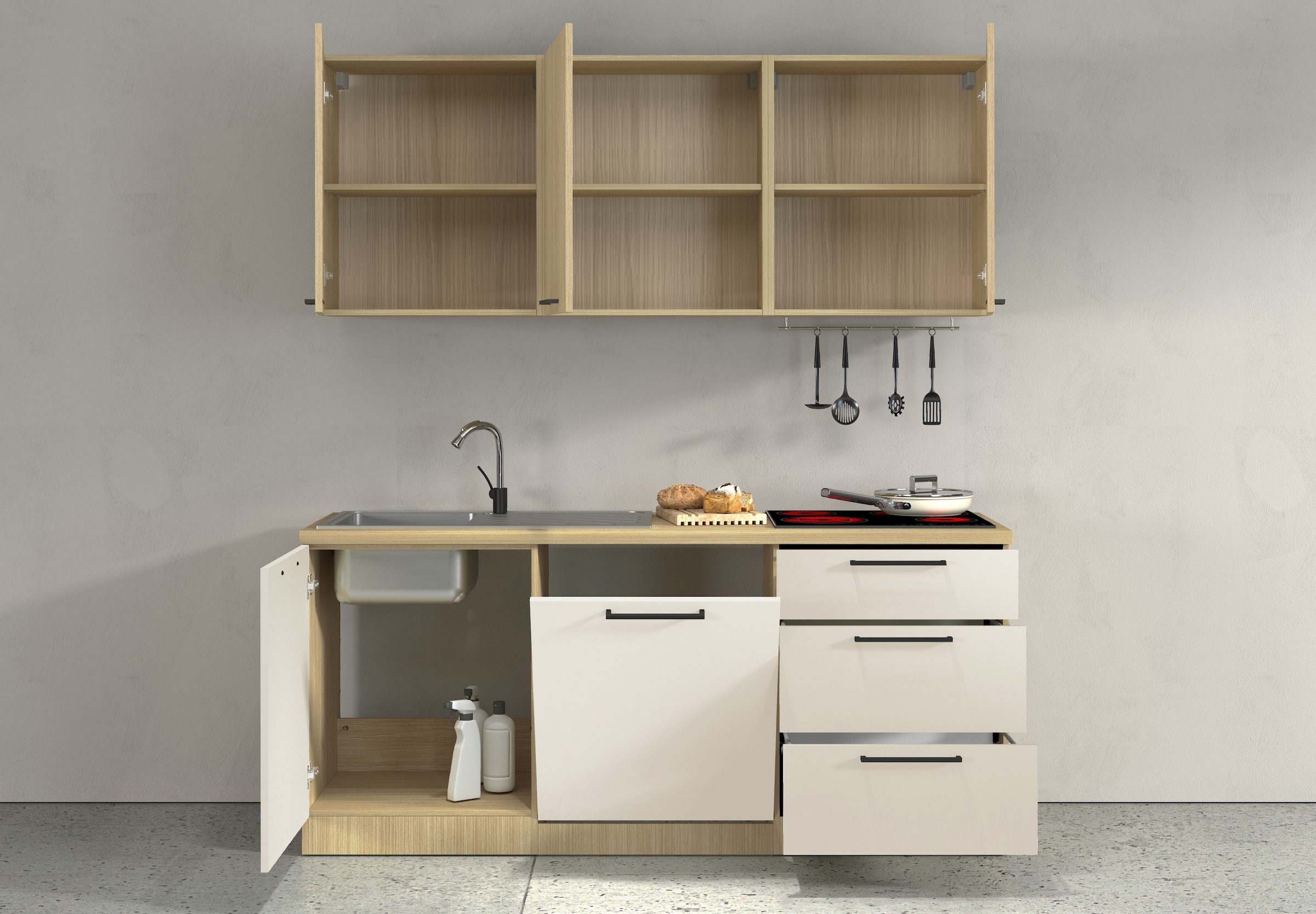 KOCHSTATION Kitchenette »Luna, Küchenzeile mit Spüle + Siphon, ohne E-Geräte« Breite 182 cm,Türen mit Soft-Close Funktion, Metalgriffe,Made in Italy