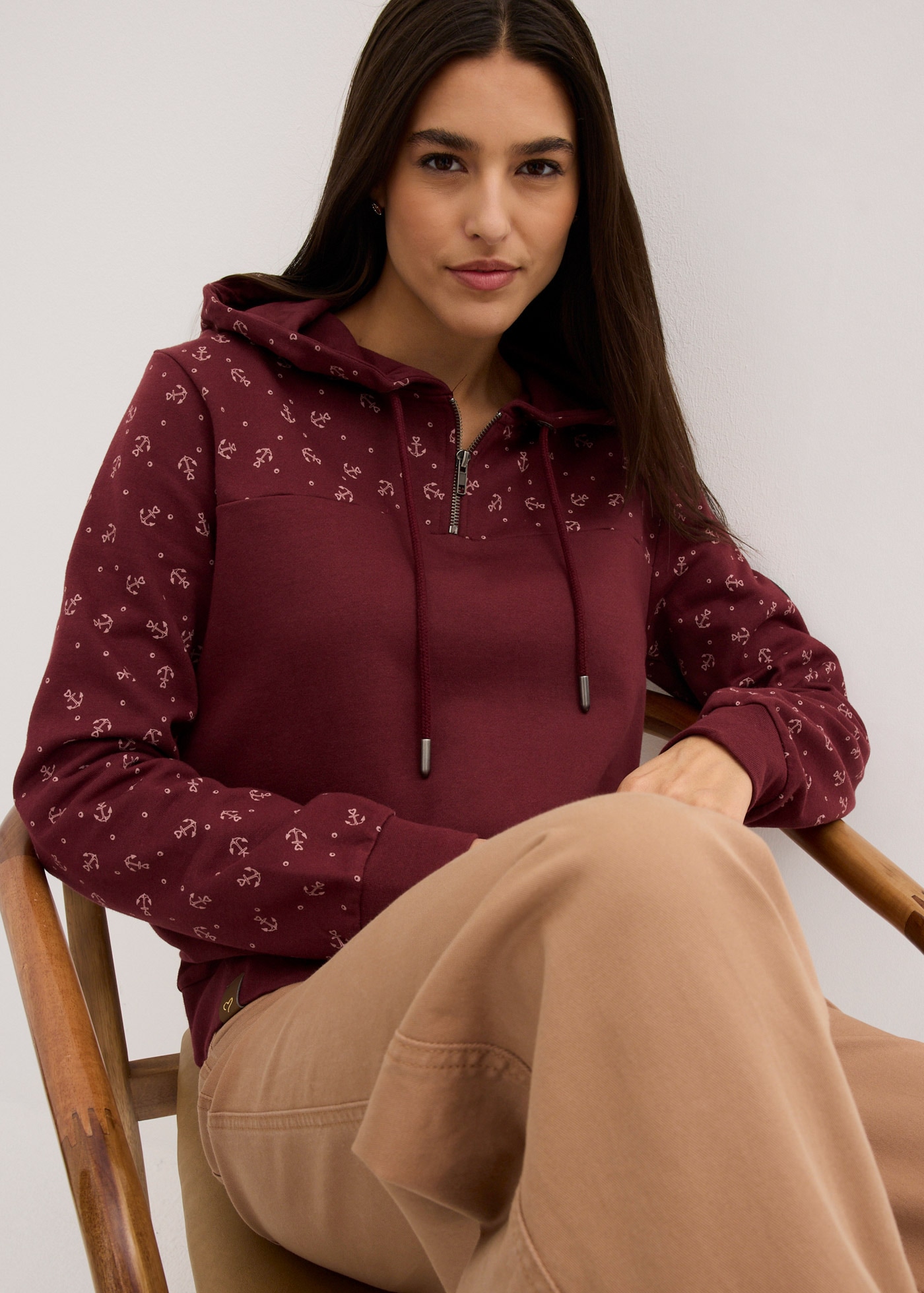 bonprix Hoodie »Kapuzensweatshirt mit Reissverschluss aus reiner Baumwolle«, mit maritimem Muster, Anker-Motiven

