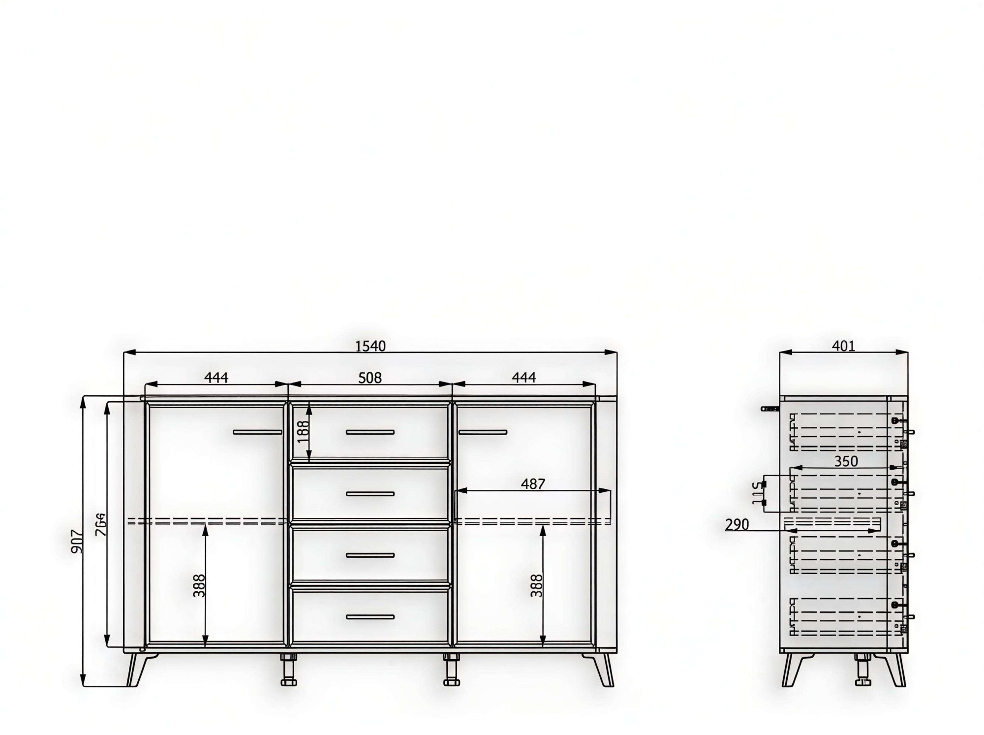 Home affaire Sideboard »Darwen Kombikommode, Sideboard, Schubladenkommode« Abgerundete Kanten, matte Kaschmir-Oberflächen, Gesamtmasse:154x40x90,5