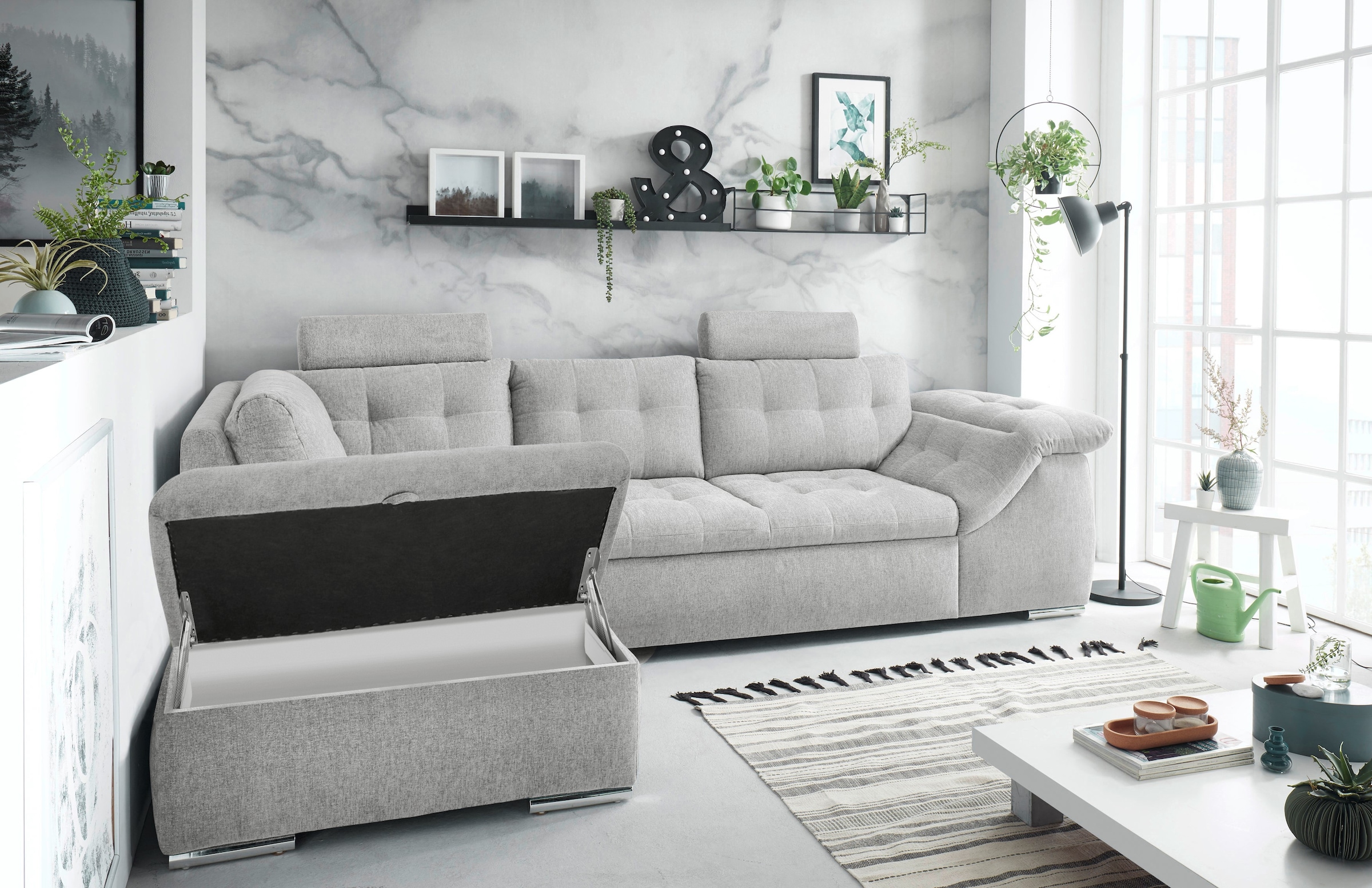 ED EXCITING DESIGN Canapé d'angle »Oman L-Form« mit Bettfunktion, Bettkasten, Armteilverstellung & Kopfstützen