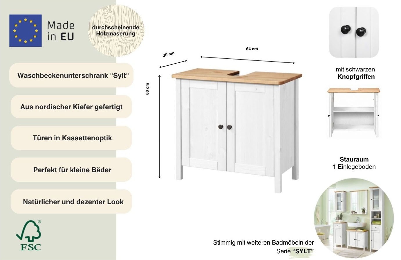 welltime Armoire sous lavabo »Landhaus Sylt, Badschrank, Badmöbel, FSC®-zertifiziert« Meuble de salle de bain style campagne, largeur 64 cm, en bois massif