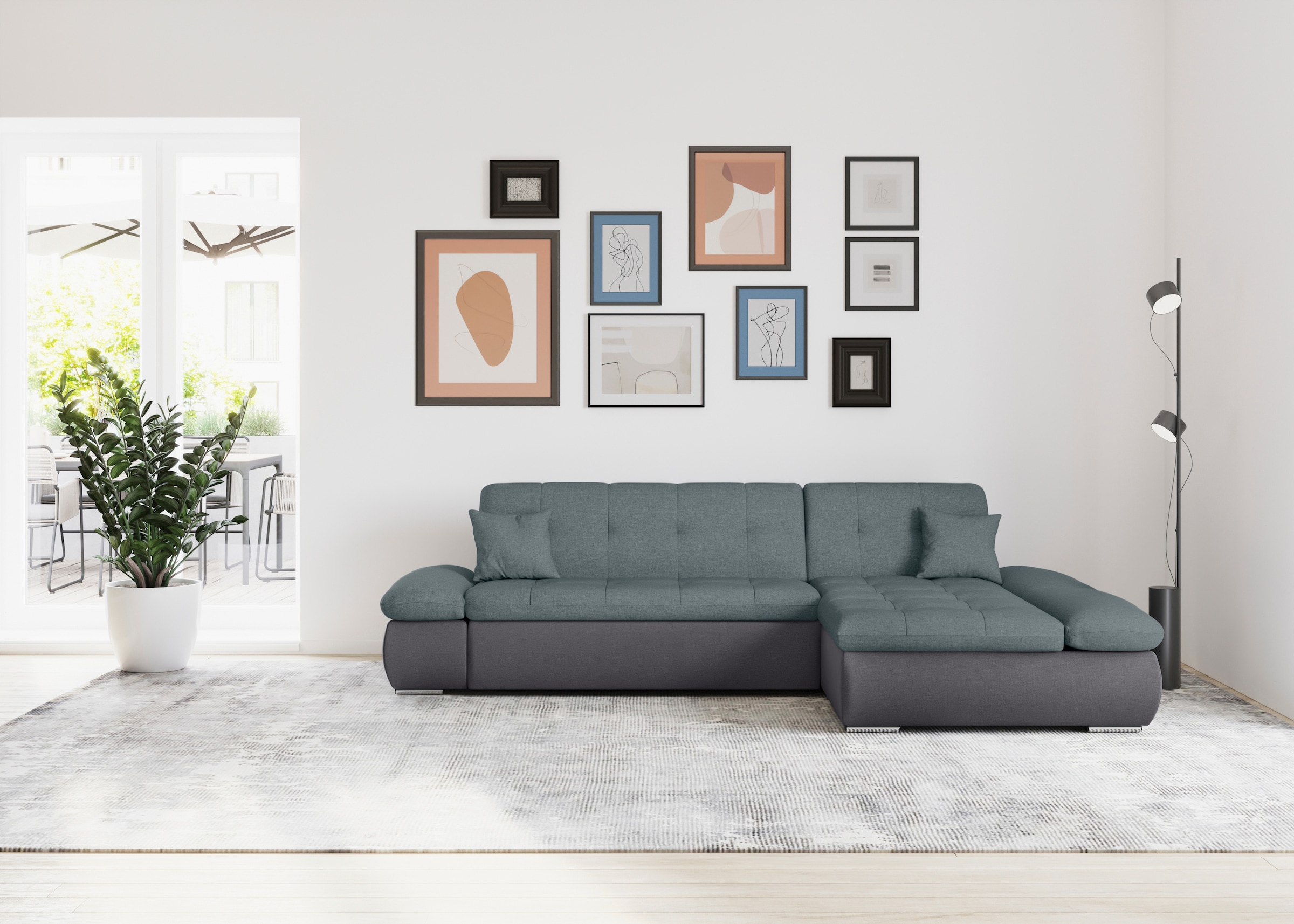Image of DOMO collection Ecksofa "MORIC 300x172 cm, XXL-Sofa mit viel Platz, L-Form, auch in Cord" wahlweise mit Bettfunktion und Armteilverstellung, grau-eisblau