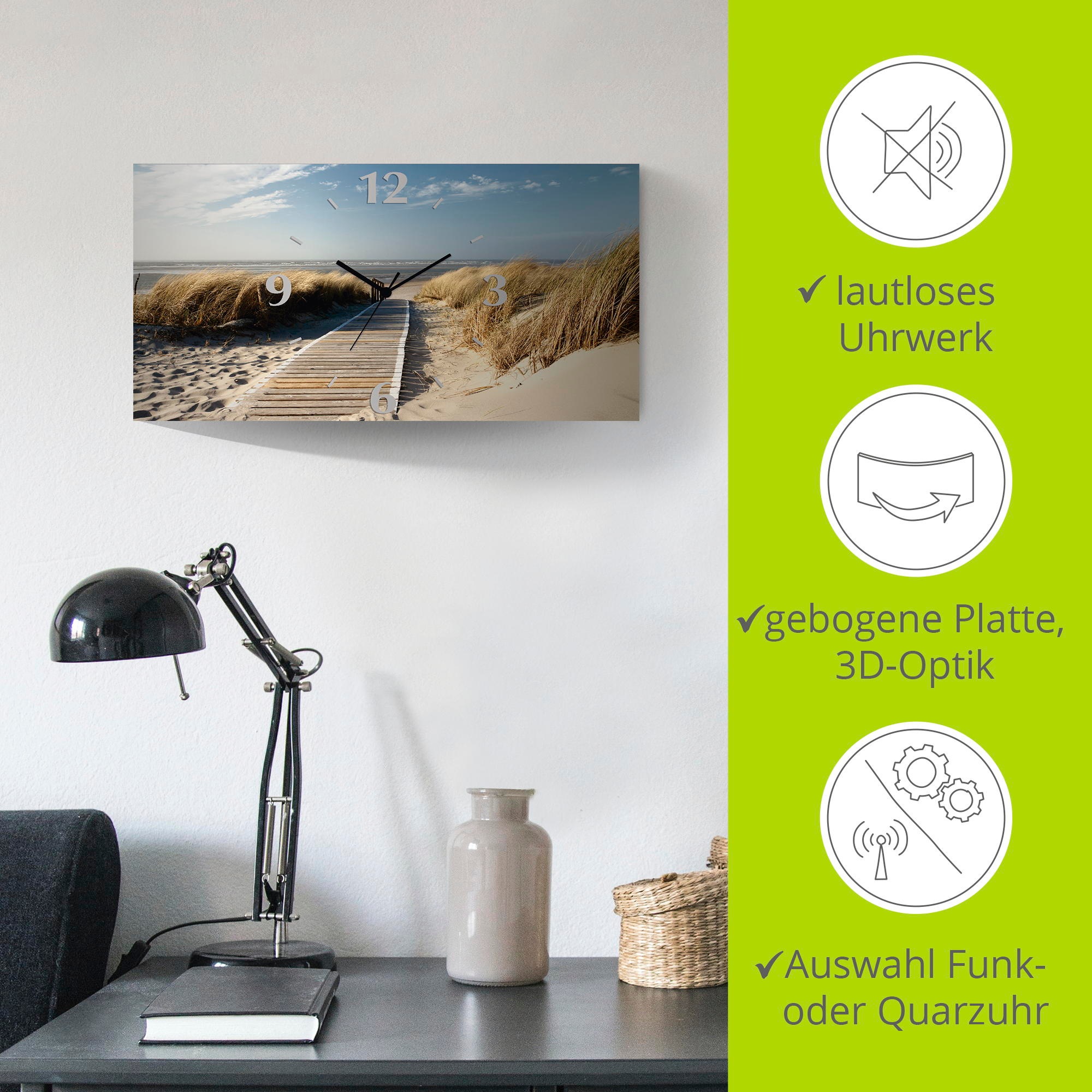 Artland Wanduhr »Nordseestrand auf Langeoog - Steg«, 3D Optik gebogen, mit Quarz- oder Funkuhrwerk, versch. Grössen