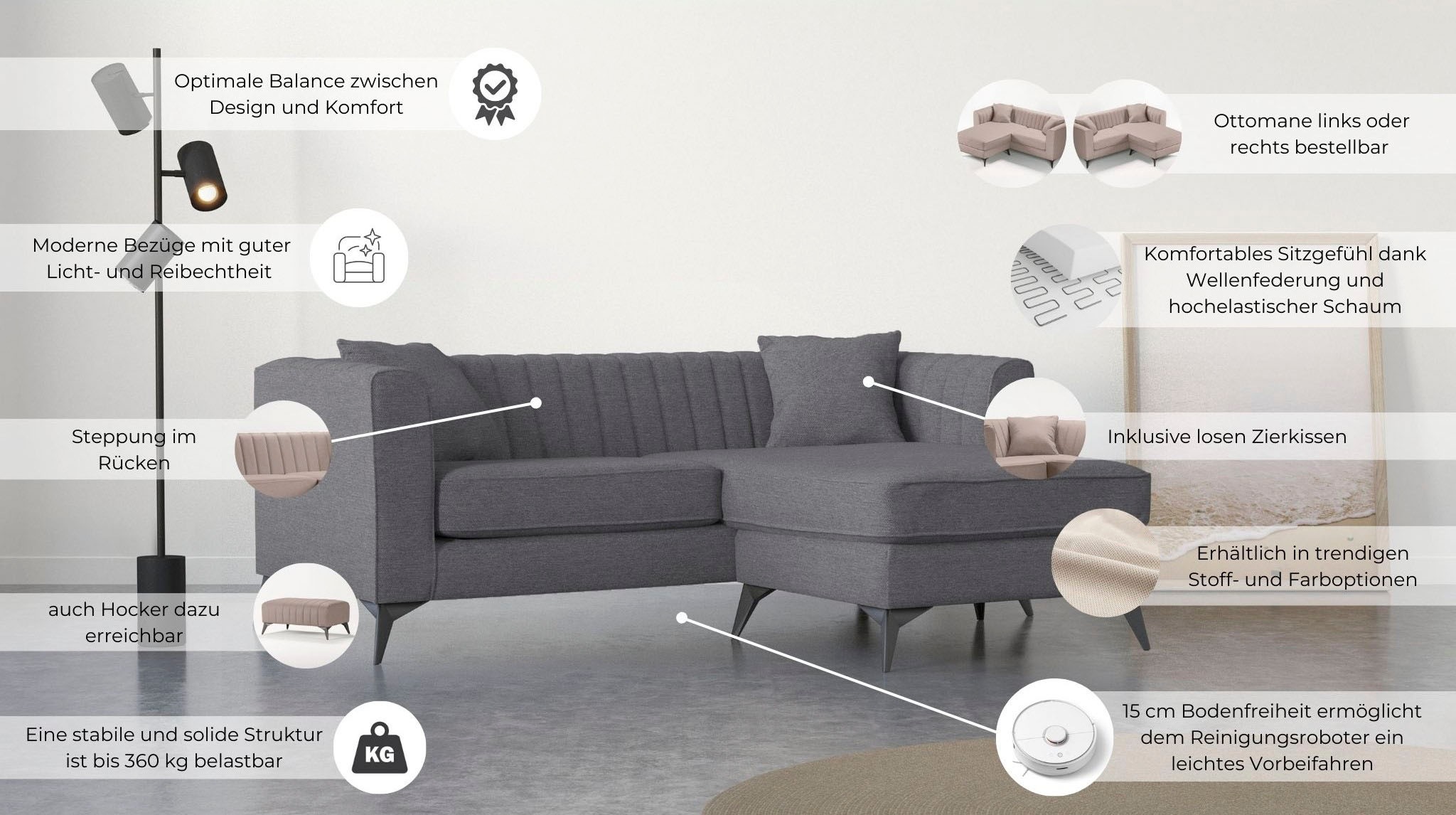 Places of Style Ecksofa »MATTHEW L-Form ideal für kleine Räume, Masse B/T/H: 201/162/74 cm«, elegantes Designsofa, feine Steppung im Rücken, incl. Zierkissen