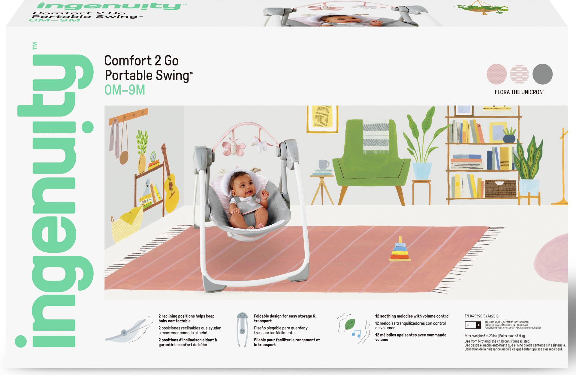 Ingenuity Comfort 2 Go Baby Swing Flora the Unicorn Pink 0-9 Months