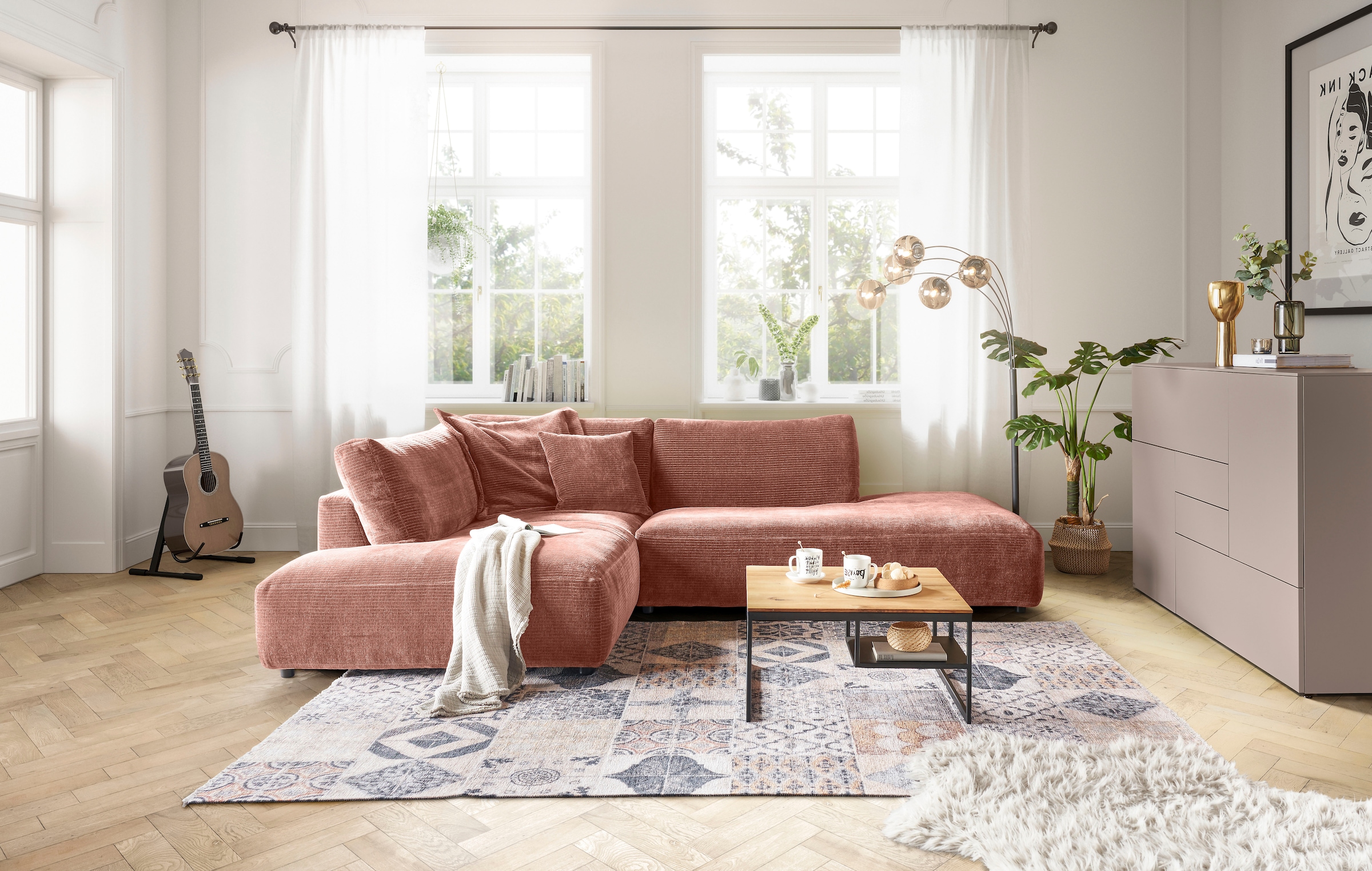 Musterring Canapé d'angle »Lucia bequem, elegant & zeitlos, elegante Sofa ohne Armlehnen« avec grand longchair, différentes couleurs, L304 x P224 cm