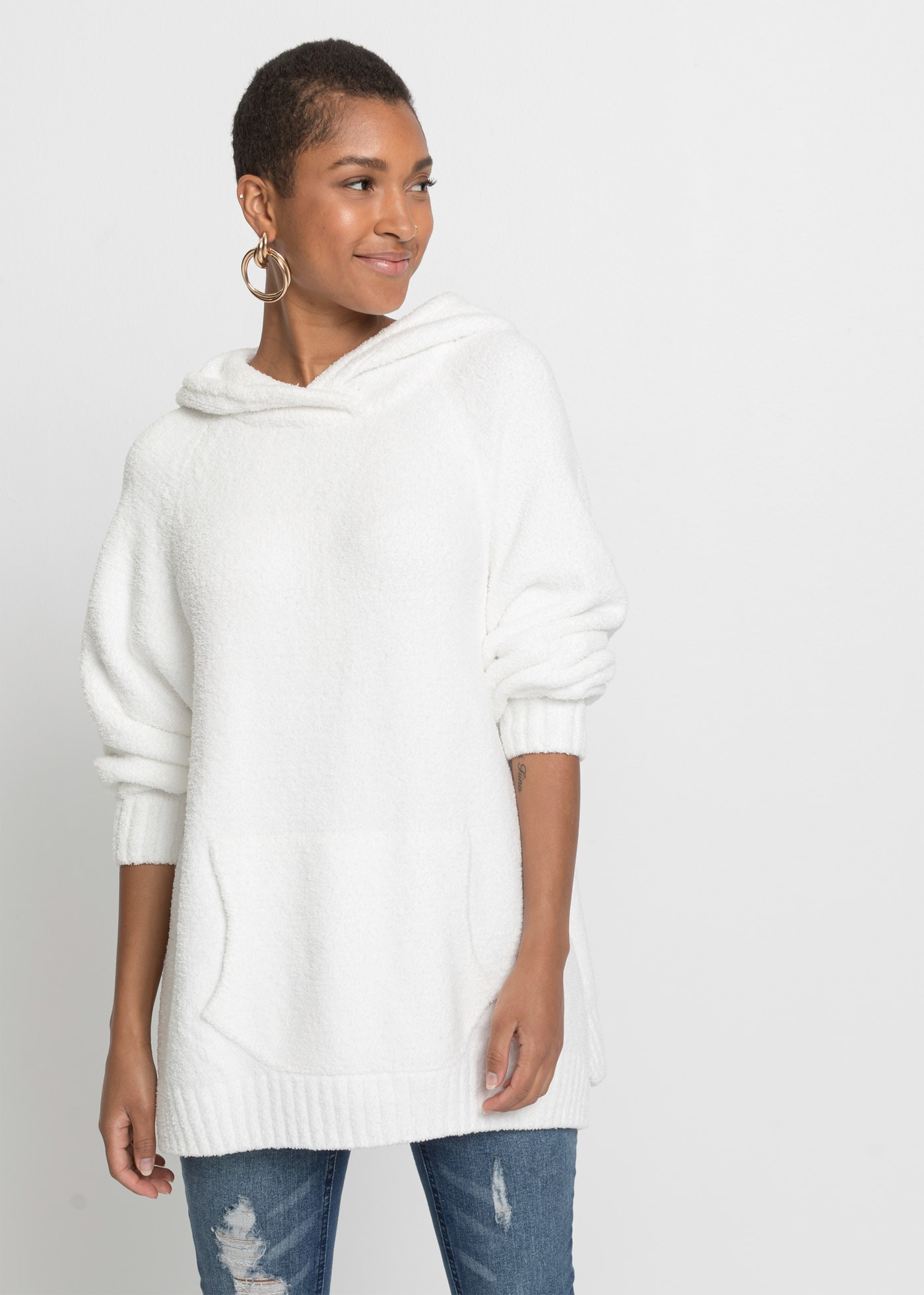 Image of bonprix Strickpullover mit Kapuze, mit Teddy-Fleece, Oversized Passform, Kängurutasche