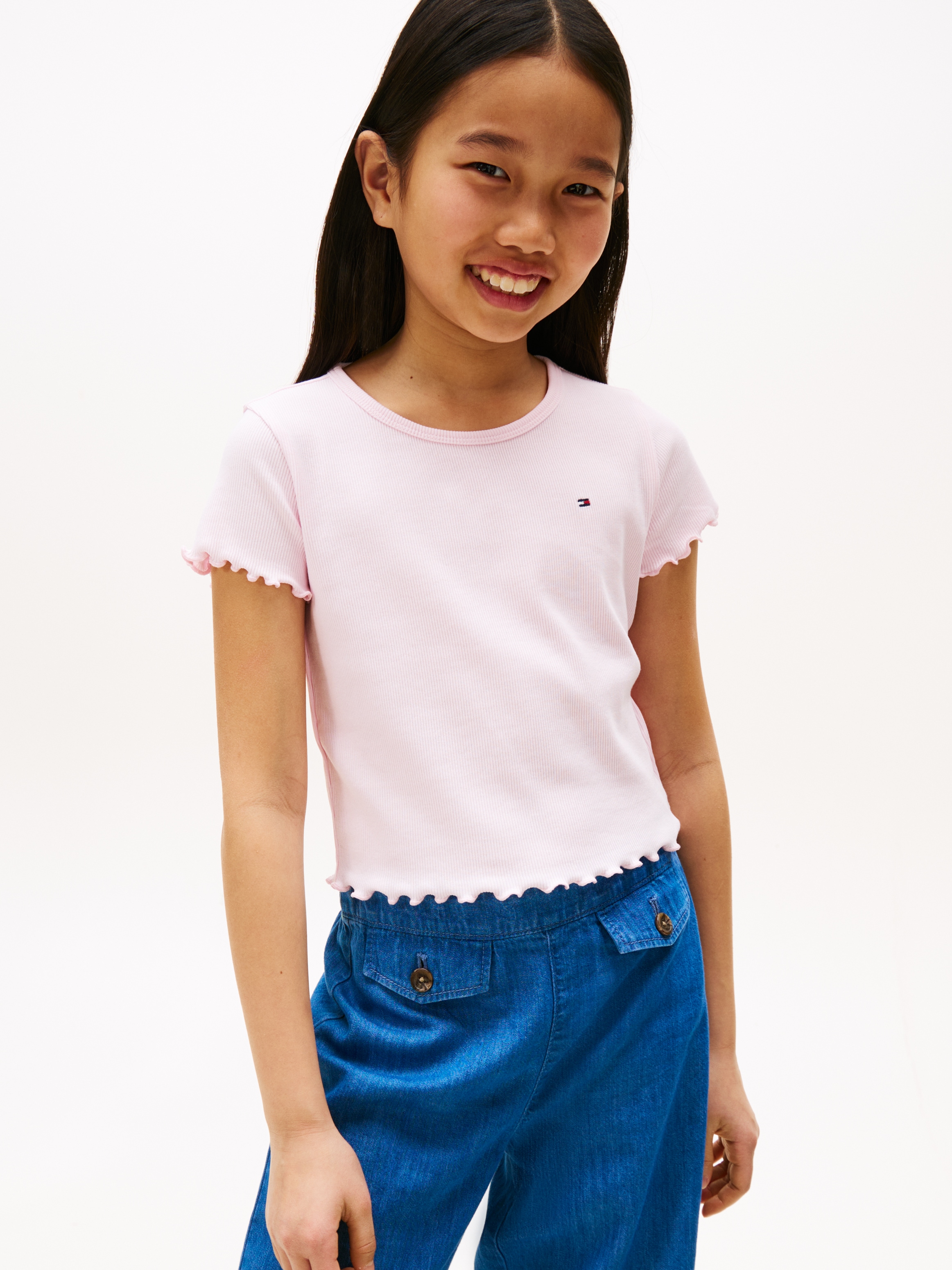 Image of Tommy Hilfiger T-Shirt "ESSENTIAL RIB TOP mit Babylock-Kanten und Stickerei" unifarben, casual, regular fit, Baumwollmix, Rundhals