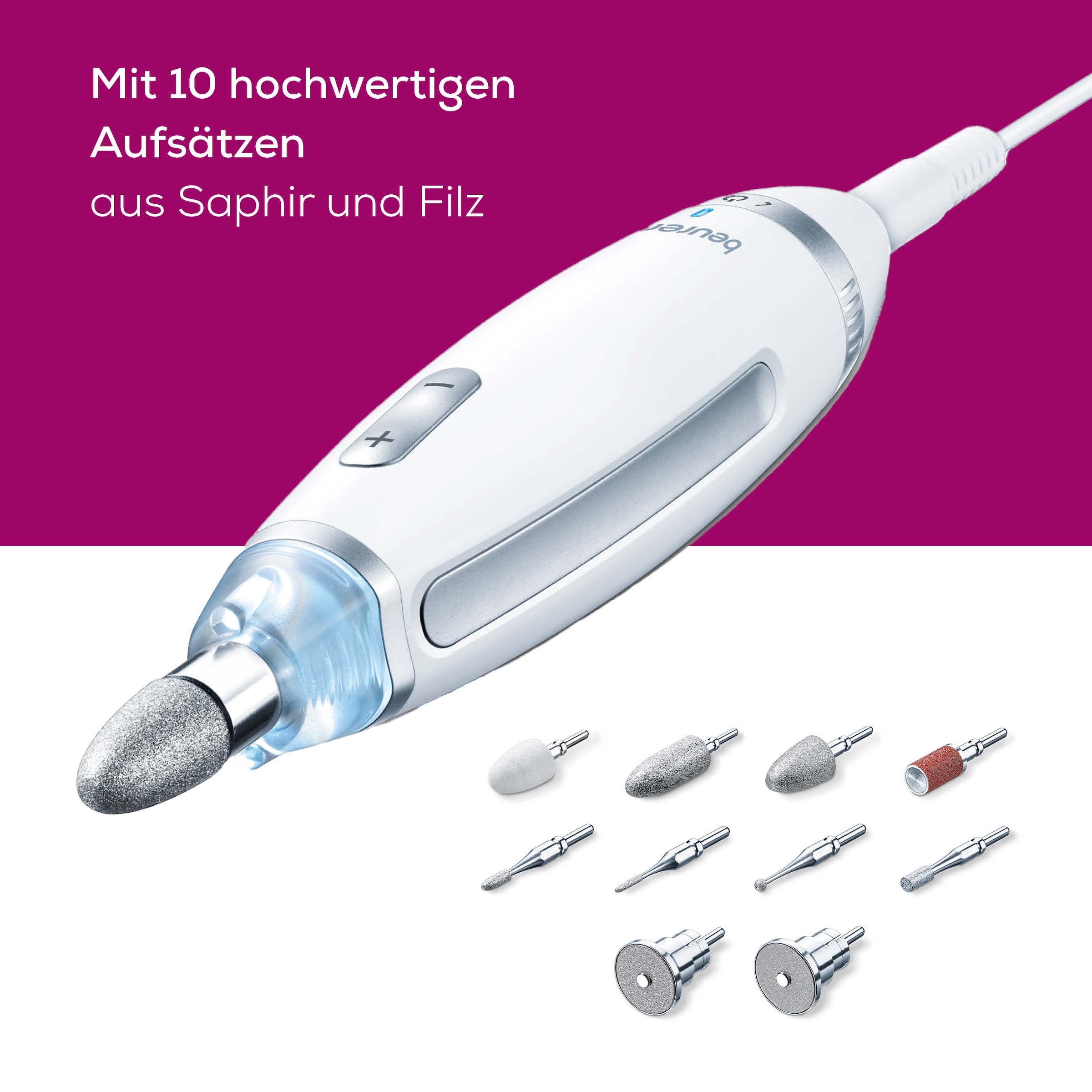 BEURER Maniküre-Pediküre-Set »MP 62 elektrische Nagelfeile für Maniküre und Pediküre zuhause«, Mit 10 Aufsätzen, LED-Licht und Aufbewahrungstasche