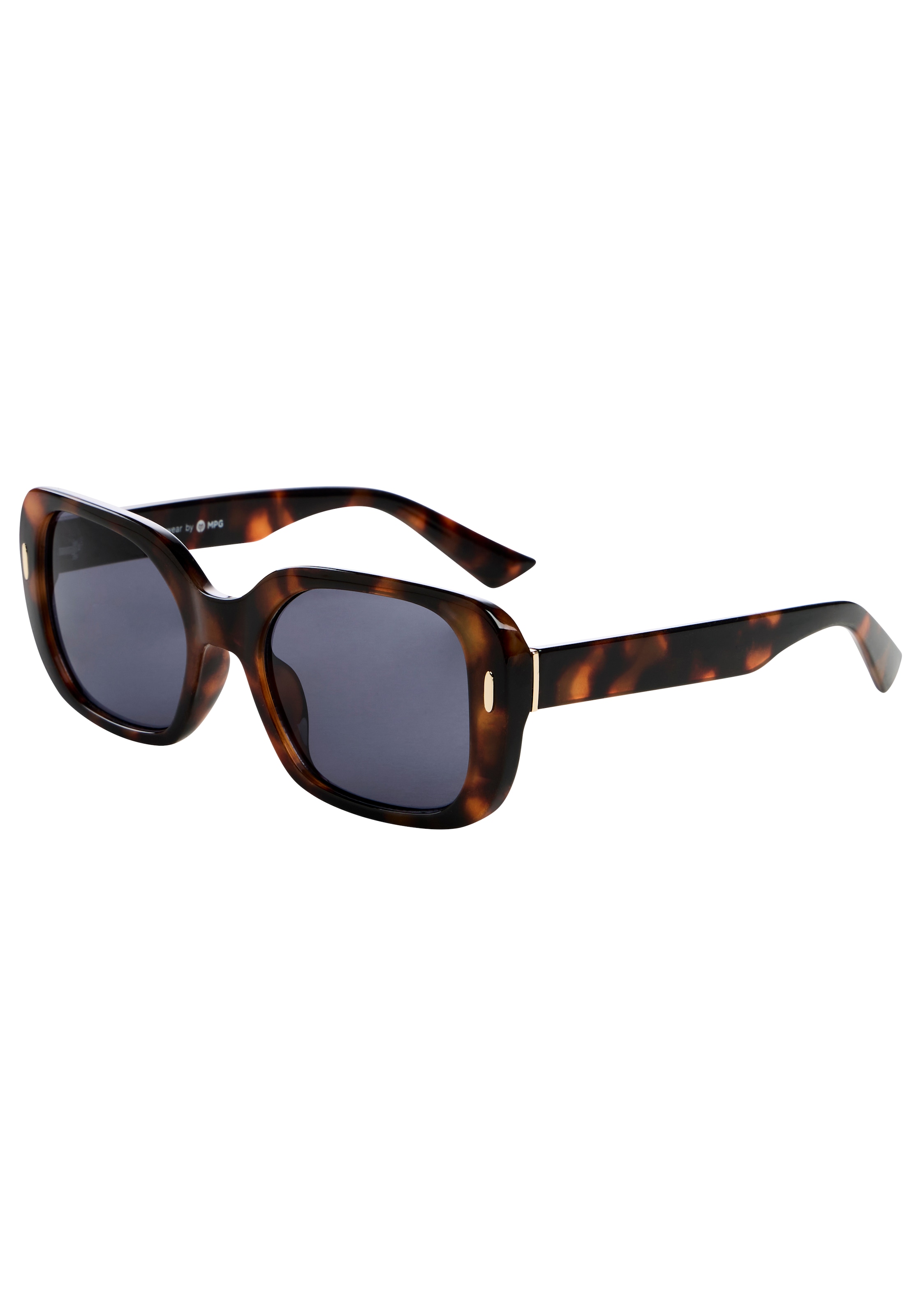 Image of Laura Scott Sonnenbrille "mit goldfarbenen Metalldetail am Bügelansatz" braun gemusterter Vollrandrahmen, graue Gläser mit hohem Blendschutz