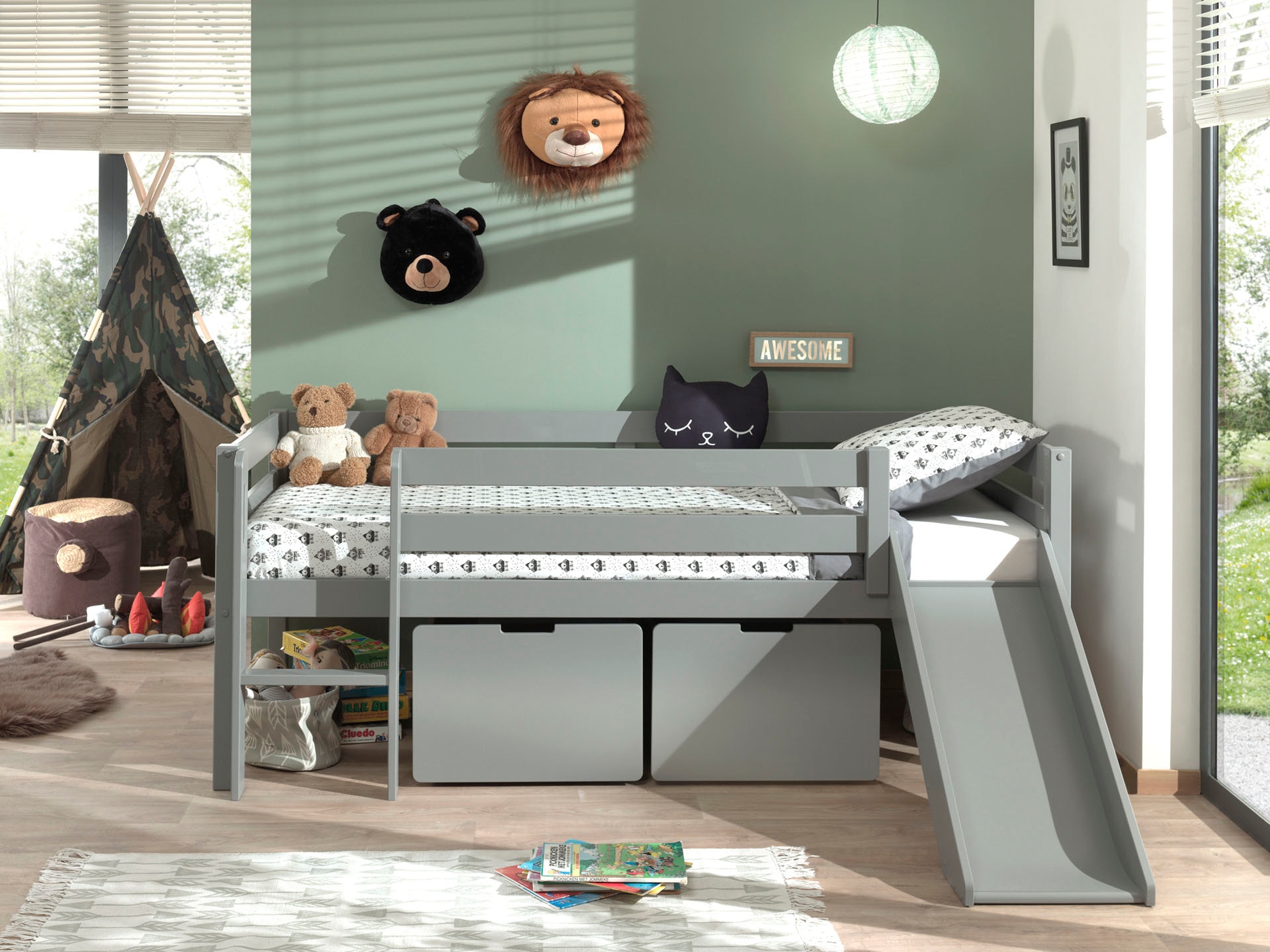 Vipack Spielbett »Pino, Kiefer massiv, mit Rolllattenrost, 2 Rollboxen, Made in Europe« B/H/T ca. 207,6x83x175cm, inkl. Leiter, Absturzschutz und Rutsche,  wahlweise mit oder ohne Hängeregal, 2 Farben zur Auswahl