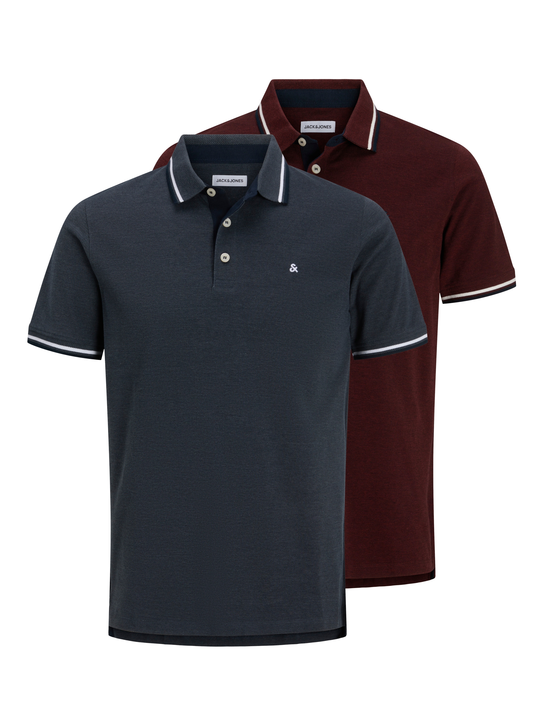 Image of Jack & Jones Poloshirt "JJEPAULOS im Doppelpack mit Logostickerei und Komfort" Packung, 2er-Pack, 2 unifarben mit Farbeinsatz, modisch, schmal, Baumwolle, Polokragen