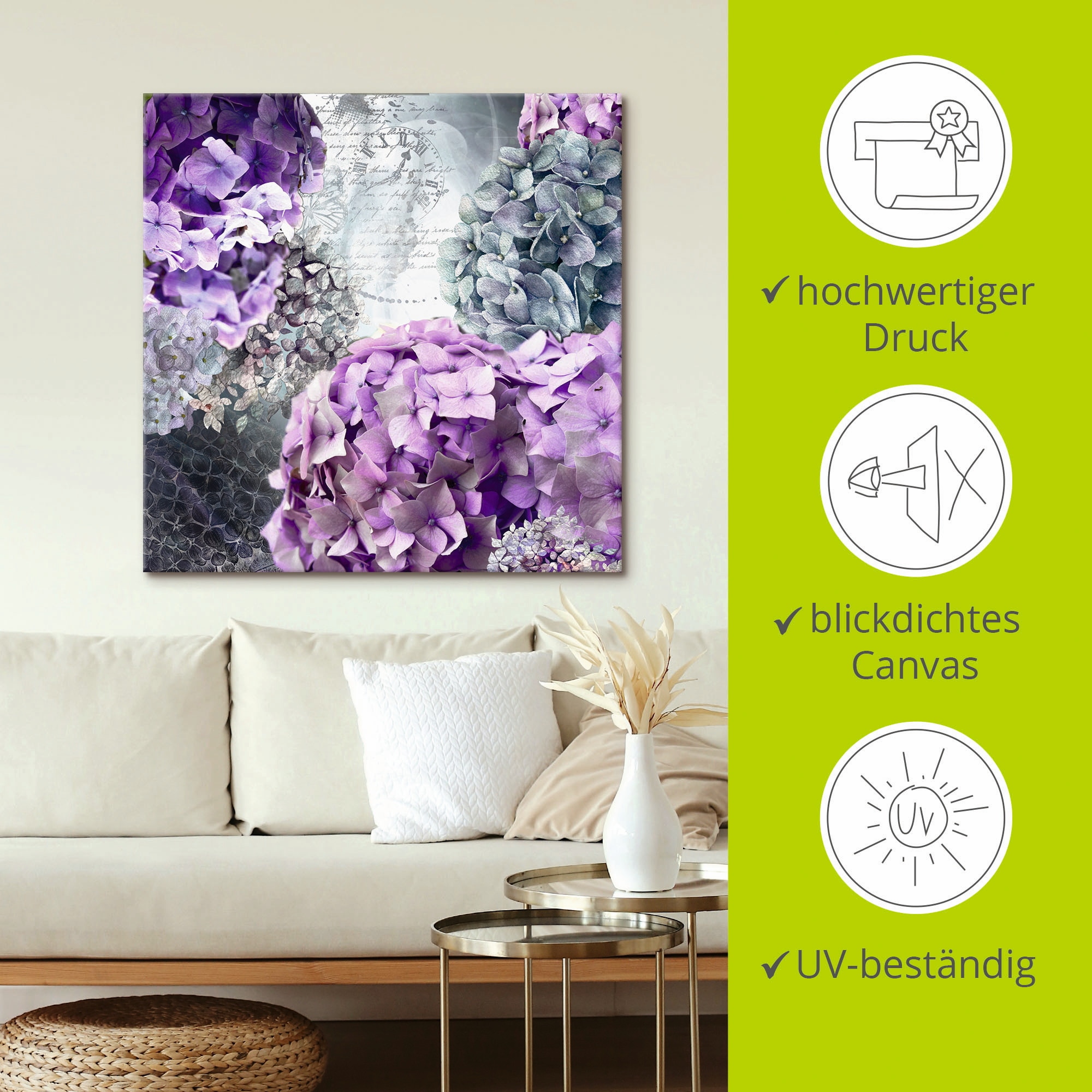 Artland Tableau sur toile »Blau und Grau Hortensie« 1 cuis tlg. auf Holzrahmen gespannt