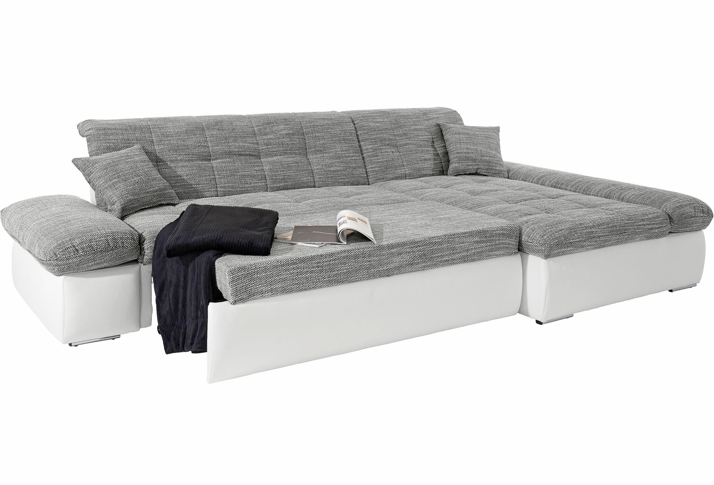 DOMO collection Ecksofa »Moric, L-Form, XXL-Sofa - Breite 300cm«, wahlweise mit Bettfunktion und Armteilverstellung, weiss-grau