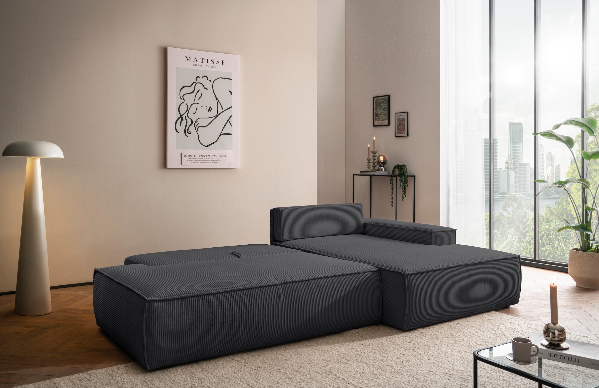 Home affaire Ecksofa »SHERWOOD,  Schlafsofa in L-Form offen (275cm), Cord, Leinenoptik« Schlaffunktion und Bettkasten, Kedernaht, hoher Sitz- & Liegekomfort,