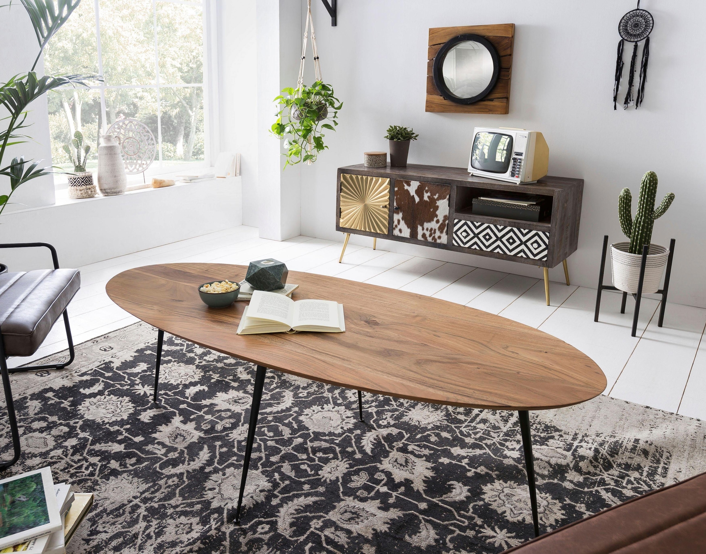 SIT Couchtisch »Lindau aus Akazie Massivholz Oval 150x60 cm Metall« Ovale Massivholzplatte im skandinavischen Design
