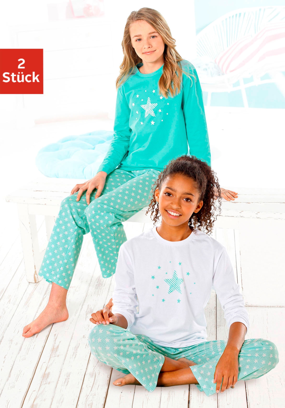 petite fleur by Lascana Pyjama 4 tlg. langer Schlafanzug mit Sternendruck, aus Baumwolle