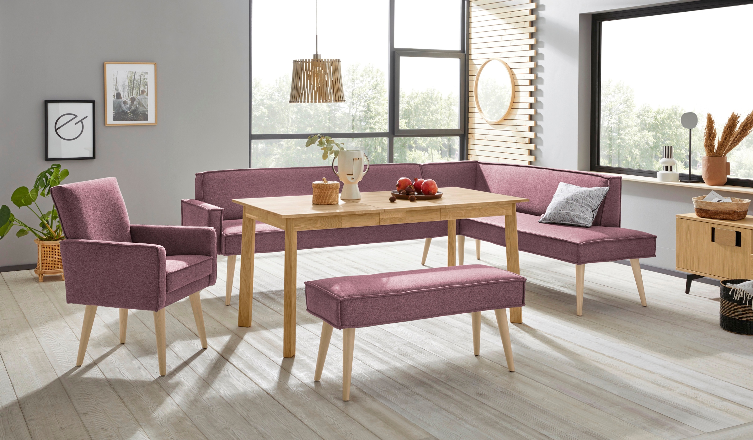 exxpo - sofa fashion Eckbank »Lungo, moderne Kedernaht, bequem und elegant, hoher Holzfuss«, hochwertige Detailverarbeitung, frei im Raum stellbar