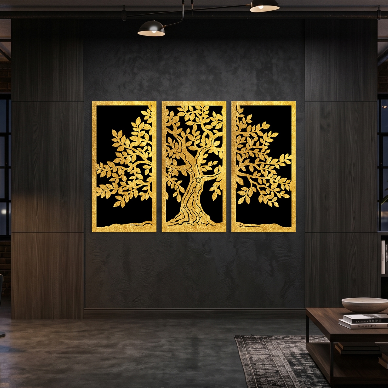 GOODproduct Fresque murale »Goldbild Lebensbaum 3er Set, 100x70cm inkl. rückseitiger Aufhängung« Arbre | Forêt | Images d'arbres 1 cuis tlg. Tableaux arbre de vie avec applications en feuille d'or travaillées à la main