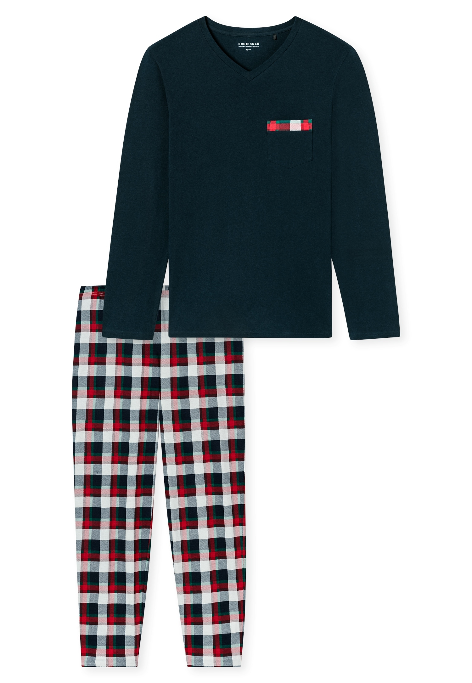Schiesser Schlafanzug »Family« 2 tlg. V-Ausschnitt, Brusttasche, Langarm, Hose kariert