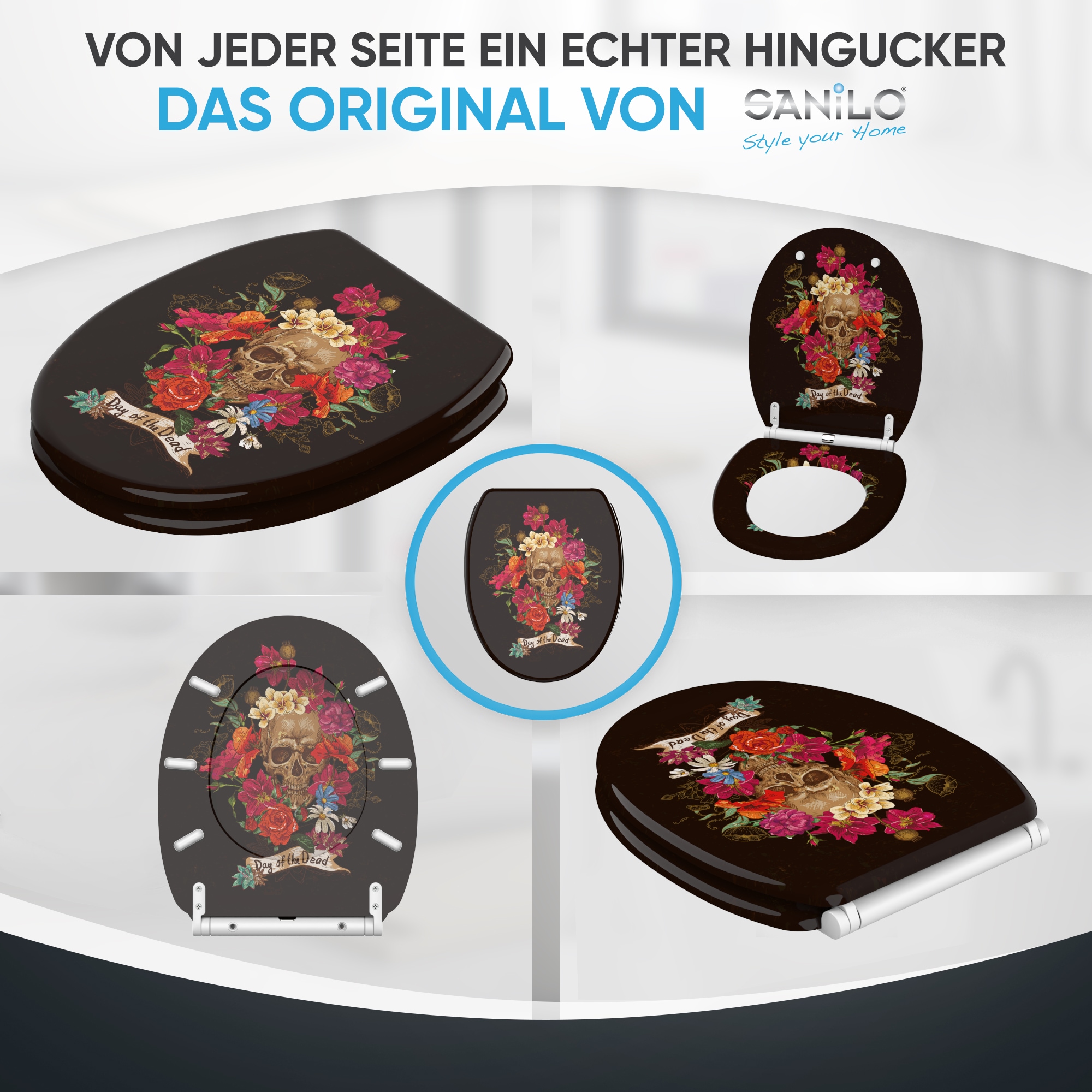 Sanilo Siège de WC »Day of the Dead mit Absenkautomatik & Quick Release« Premium Toilettendeckel, abnehmbar, leichte Montage von oben