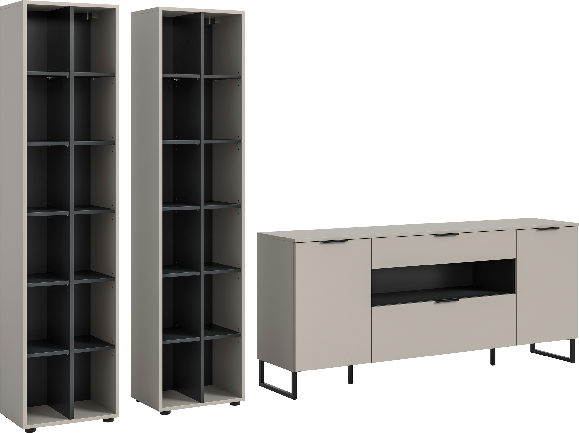 Image of Home affaire Wohnwand "ADIO, Breite 305 cm, 3-teiliges Set, mit Metall-Kufenfüsse" Set, bestehend aus: 2x Standregal und Sideboard, 3 Stk. tlg.
