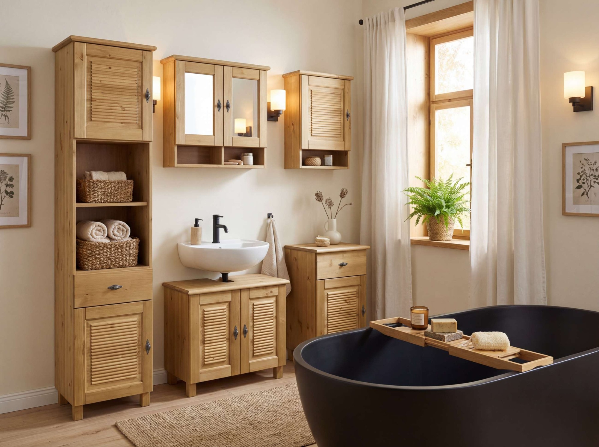 GOODproduct Waschbeckenunterschrank »Rauna« aus massiver Kiefer, Breite 64 cm, Rillenoptik, made in EU