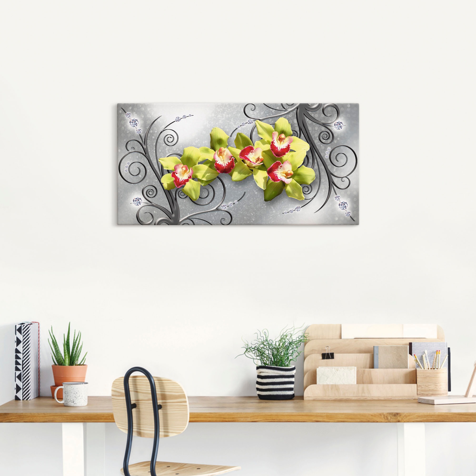 Artland Wandbild »Grüne Orchideen auf Ornamenten«, Blumenbilder, (1 St.), als Alubild, Outdoorbild, Leinwandbild, Poster, Wandaufkleber