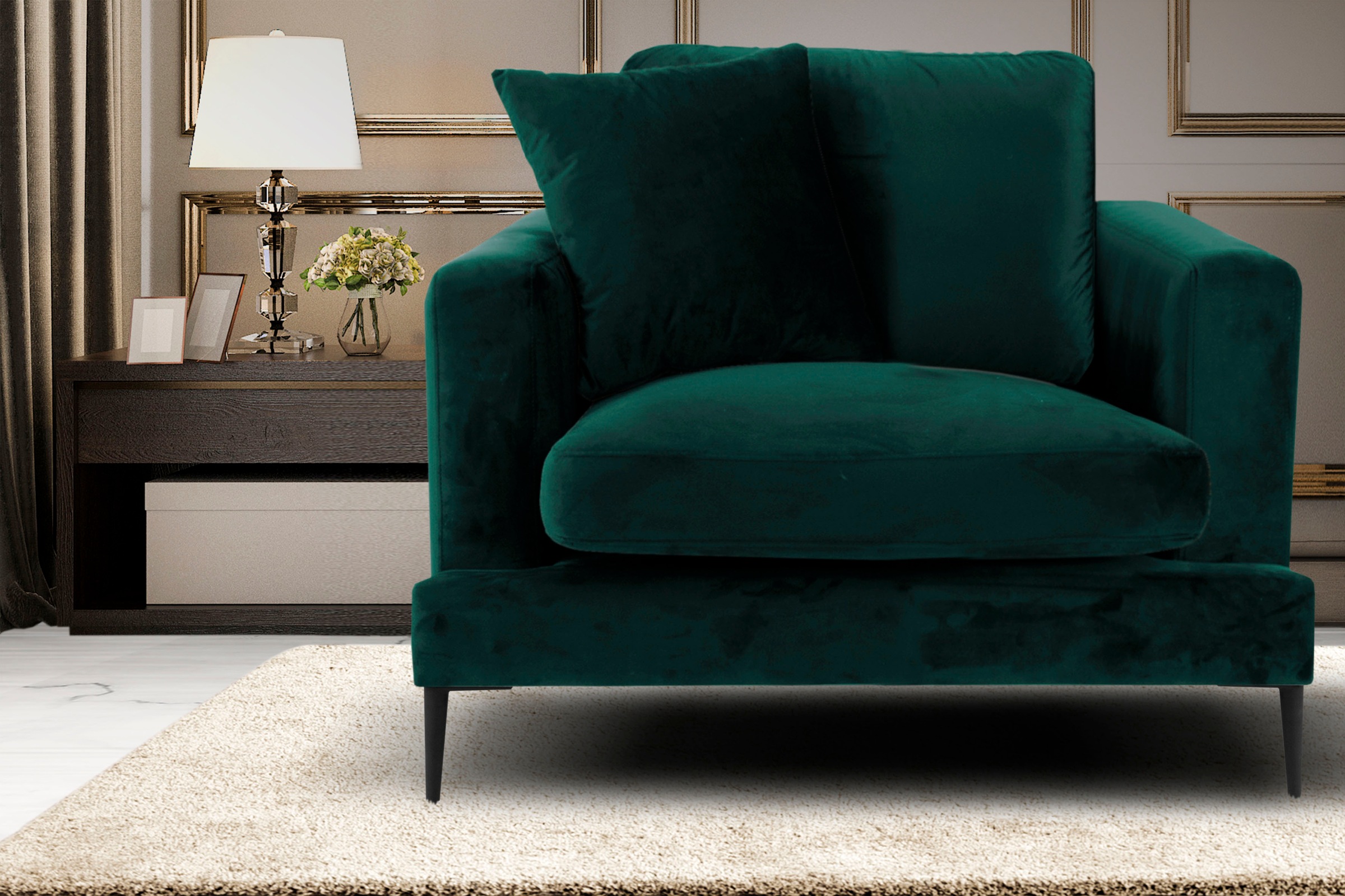 Leonique Sessel »Cozy Loungesessel, Designersessel, Masse B/T/H: 91/97/80 cm«, mit Metallbeinen und Zierkissen