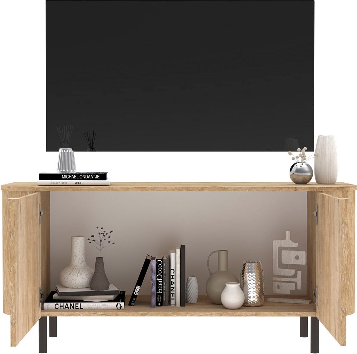 Home affaire Lowboard »Murano, 131 cm breit, 2 Türen, TV-Schrank, TV-Kommode, Medienboard« Formgebogenes MDF, Stirnseiten mit Rundung, Füsse und Griffe aus Metall