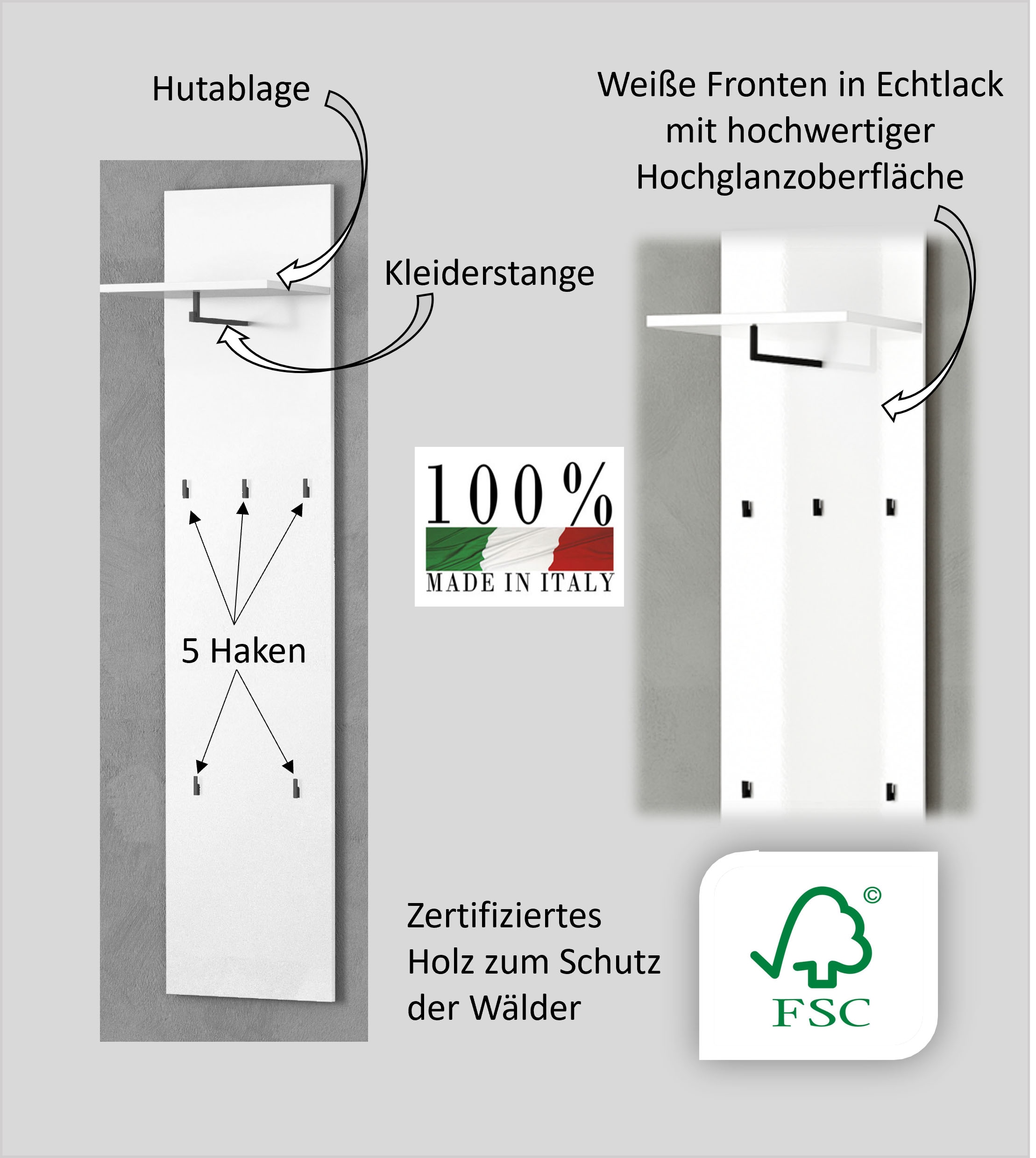 INOSIGN Garderobenpaneel »Wandpaneel ZIPPO mit 5 Haken und Hutablage, zur Wandmontage« 1 Stk. tlg. Wandpaneel,  Hochglanz lackiert, Made in Italy, B/H: 40/170 cm