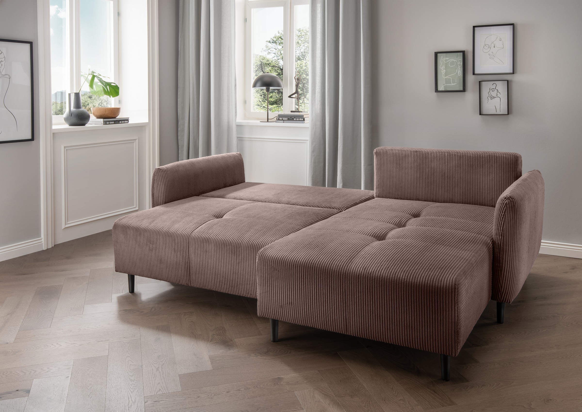 INOSIGN Ecksofa »Mara, L-Form, aktueller Cord Bezug und tolle Farben, schmale Armlehnen«, whlw. mit Bettfunktion,Recamiere links/rechts montierbar, Breite 238cm