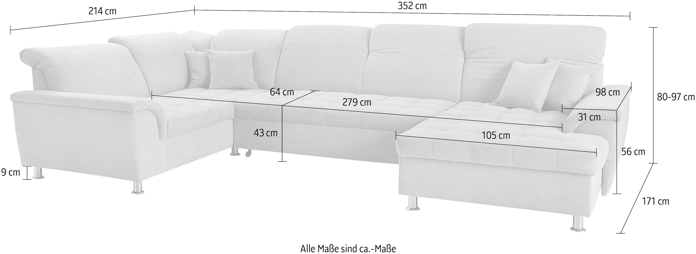 DOMO collection Paysage de salon »FRANZI 344x206x81 cm, elegant, komfortabel« forme en U, méridienne à droite, marine, L/P : 344/206 cm