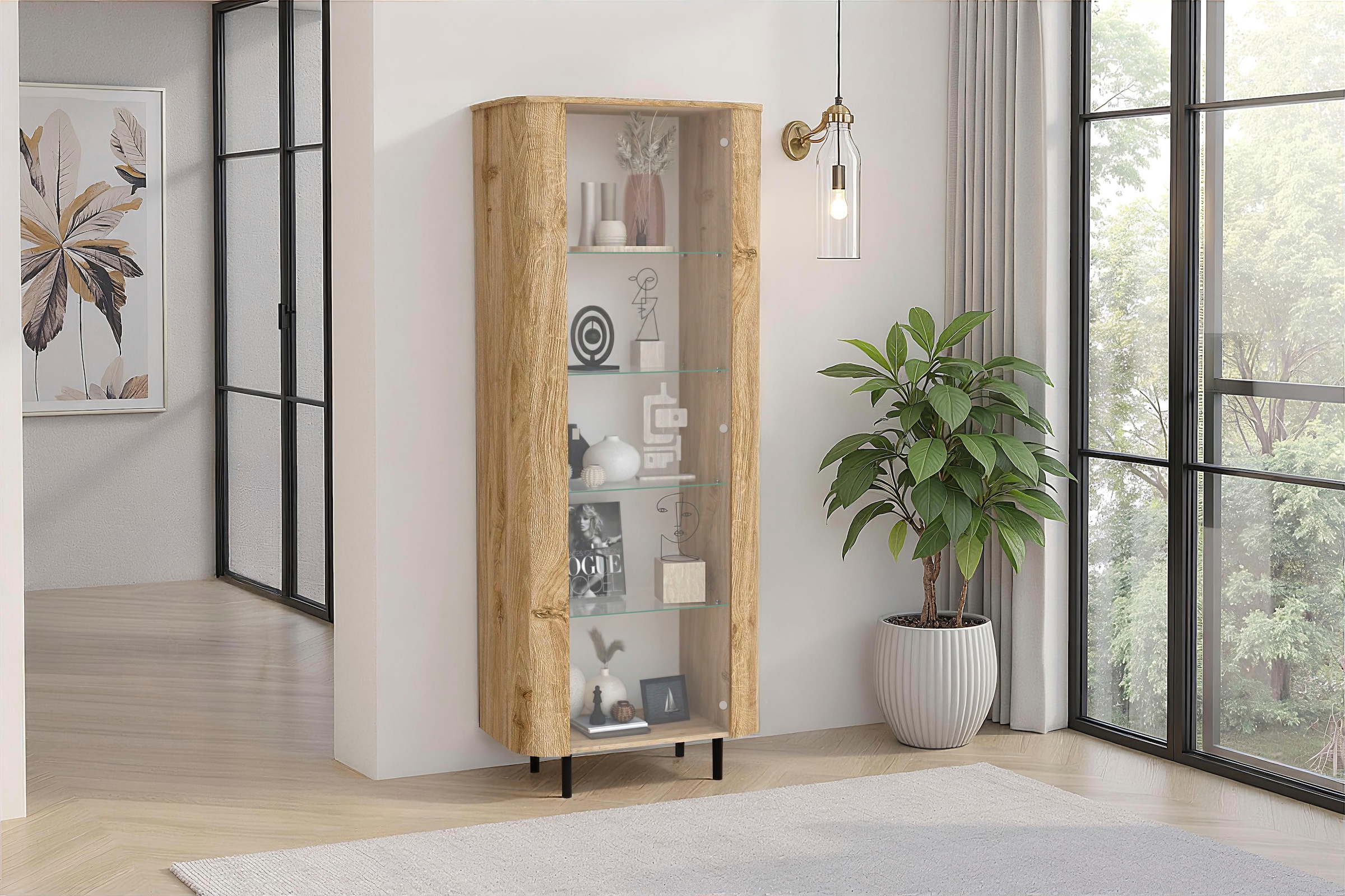 Home affaire Vitrine »Murano, Standvitrine H 200 cm, B 80 cm, 1 Tür, Vitrinenschrank« Formgebogenes MDF, Stirnseiten mit Rundung, Metallfüsse, stilvoll